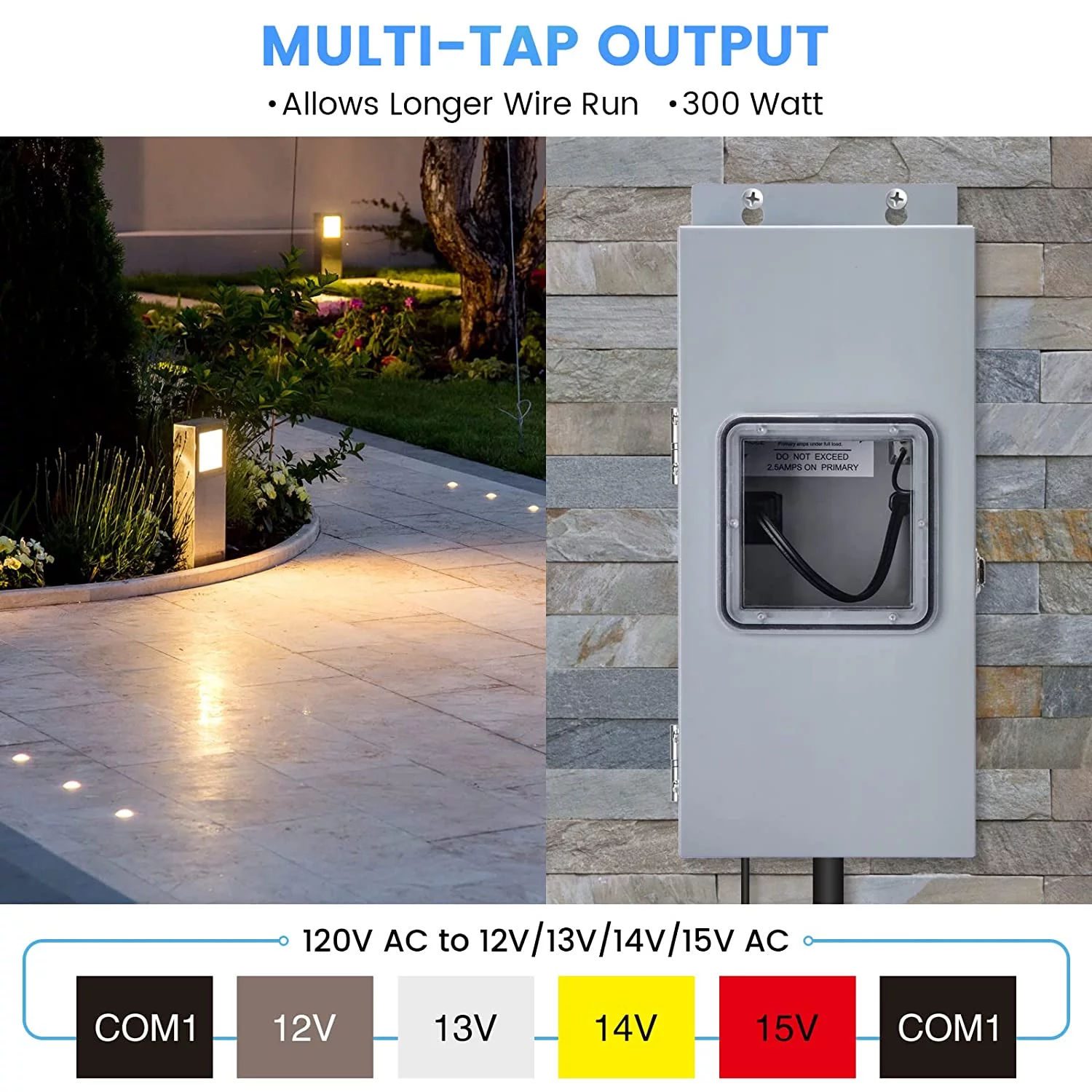 300W Multi-Tap Low Voltage Transformer for Landscape Lighting, HAOFEI Outdoor Transformer Convert 120V AC to 12V/13V/14V/15V AC, Heavy-Duty Stainless Steel Shield