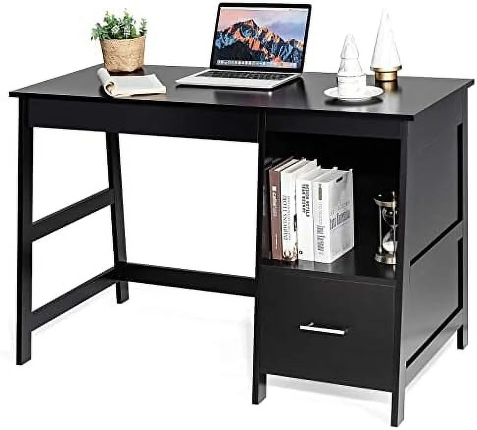 CHNJHUM 47.5\u201D Computer Desk with 2  Drawers  Small Computer Table Study Writing Desk   Office Desk Study Desk with  Space (Black)