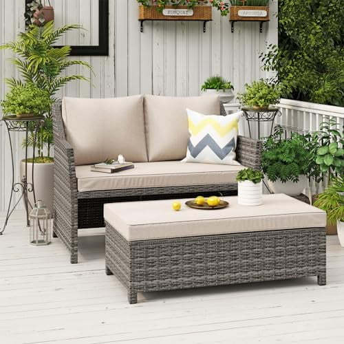 HBBOOMLIFE 2-Piece Outdoor Patio  Wicker Love-seat and Coffee Table Set  with Built-in  Bin  Grey Rattan  Navy Blue Cushions