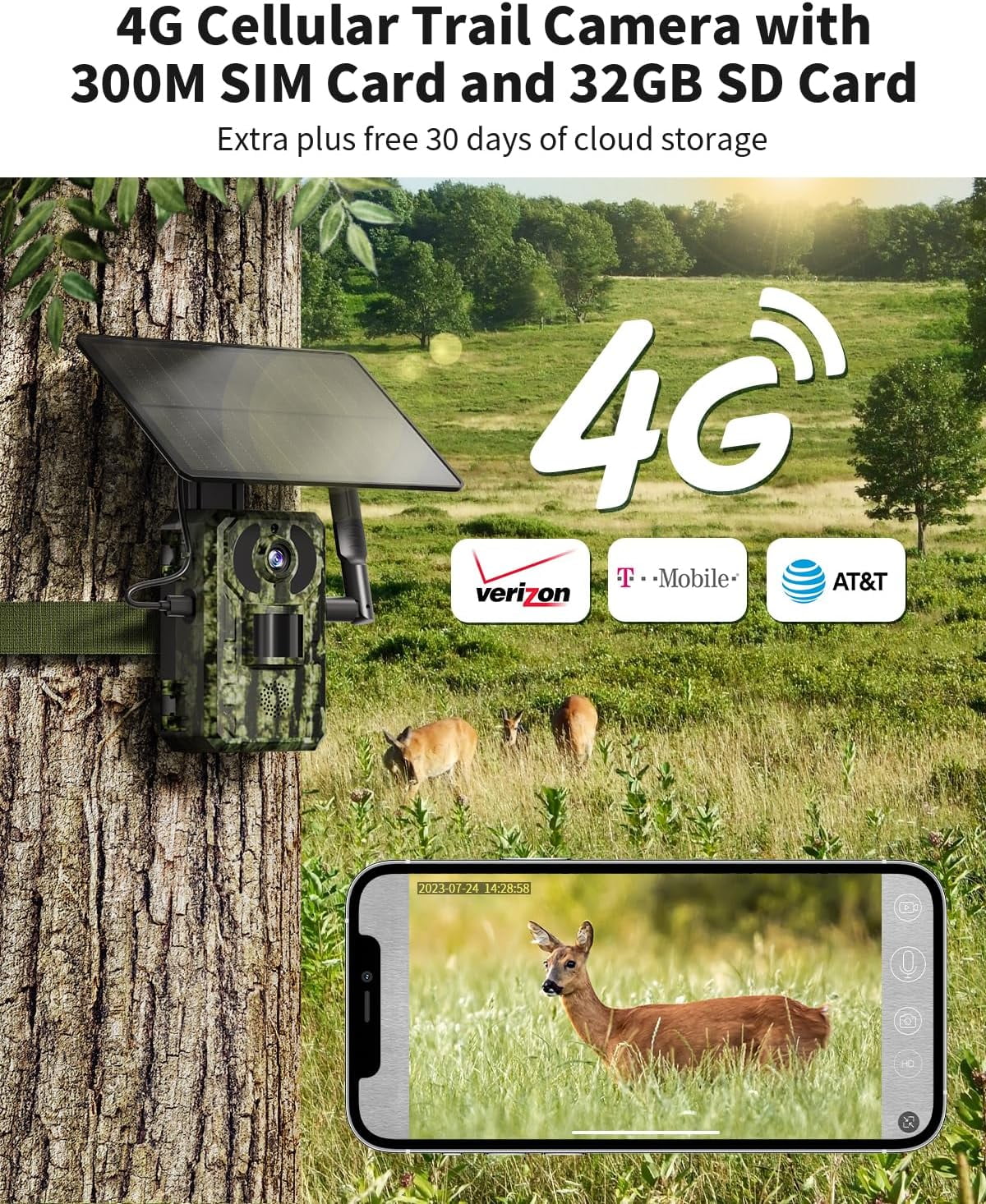 HAOFEI Cellular Trail Camera 3rd Gen 4G LTE Include SD&SIM Card, Solar Game Camera Wireless 2.7k Live Feed & 14MP Photos, Night Vision, Motion Detection, 120°Wide Angle, IP66 Waterproof