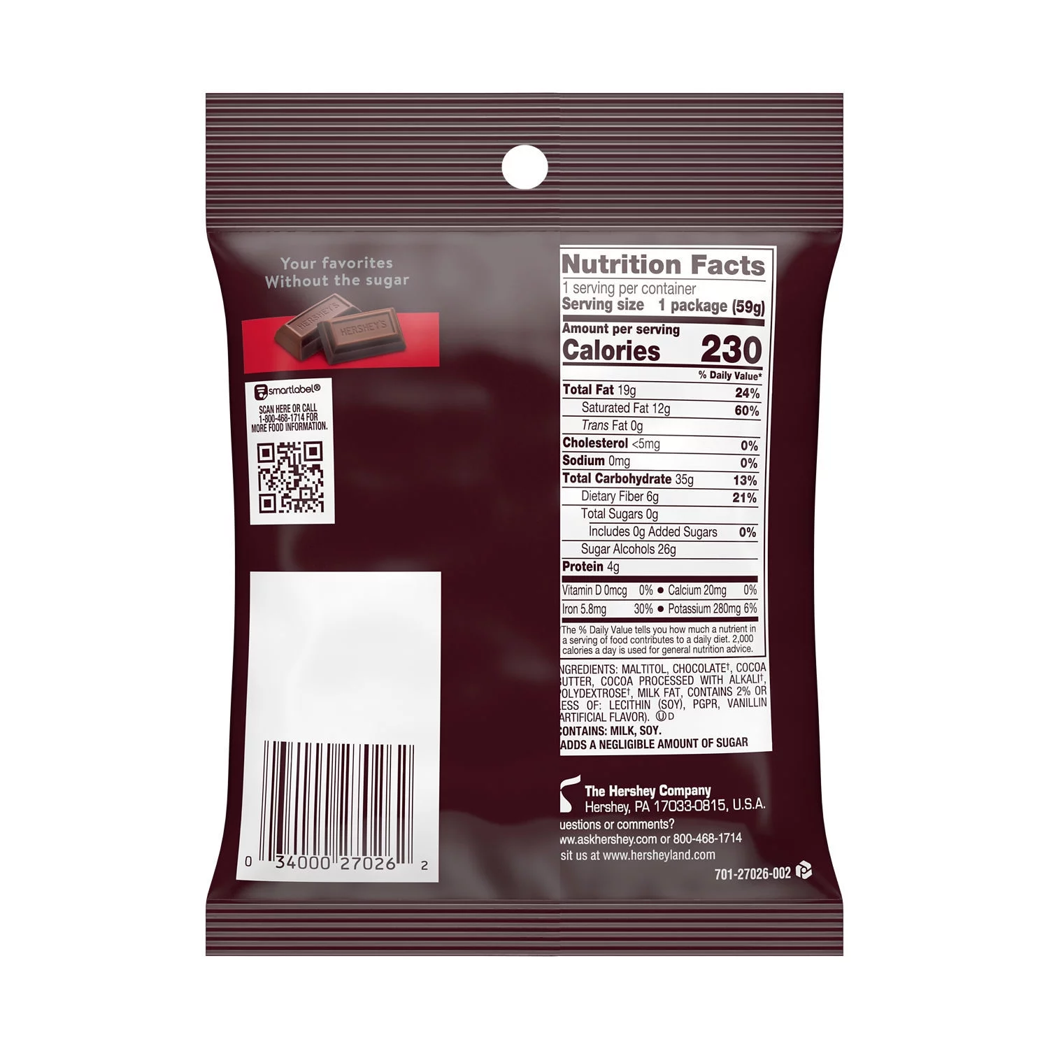 Hershey's Special Dark Zero Sugar Chocolate Candy, Bag 2.1 oz