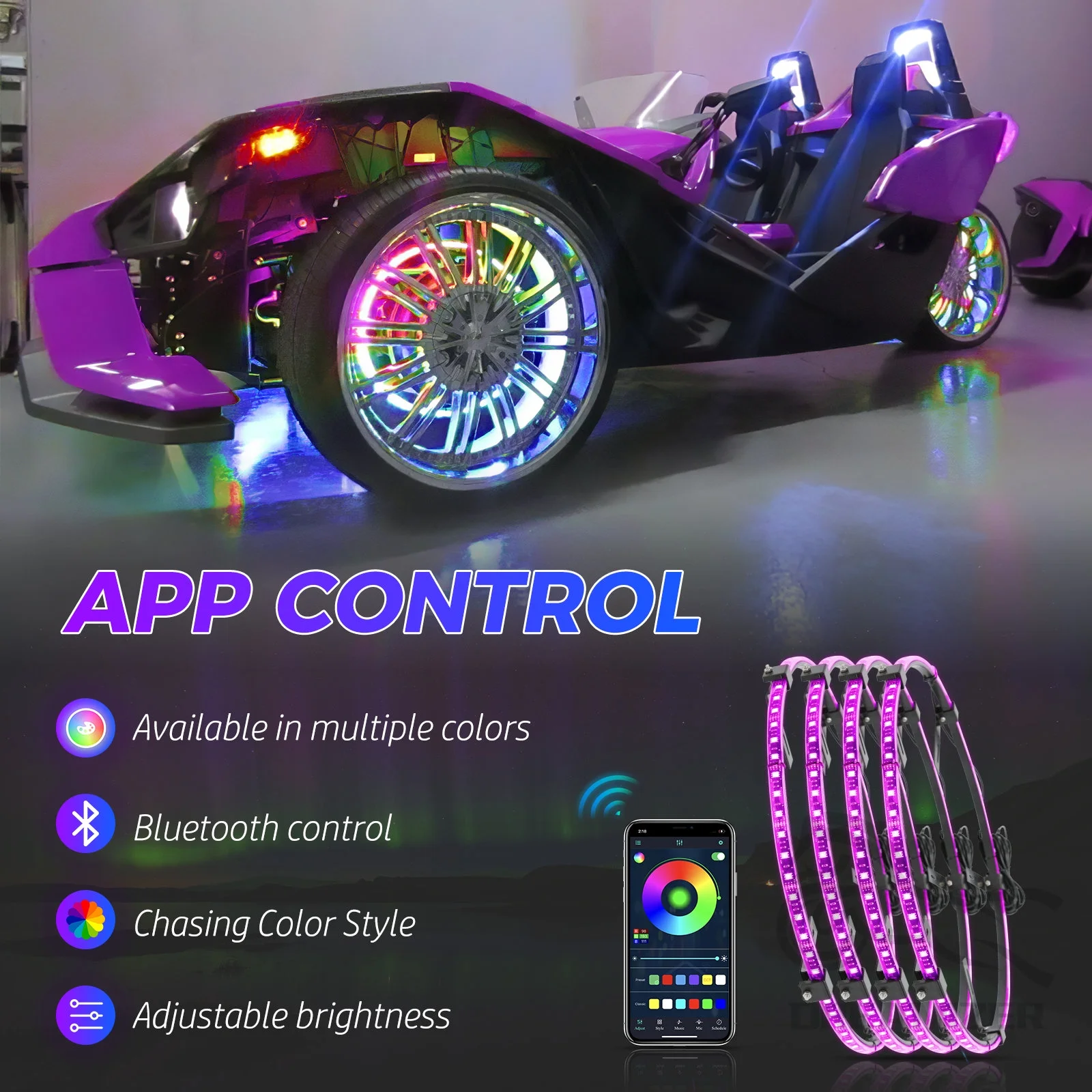 4PCS 15.5inch RGB LED Wheel Ring Light Kit Bluetooth Control w/Turn Signal and Braking Function can Controlled by Remote and APP(Double Row)