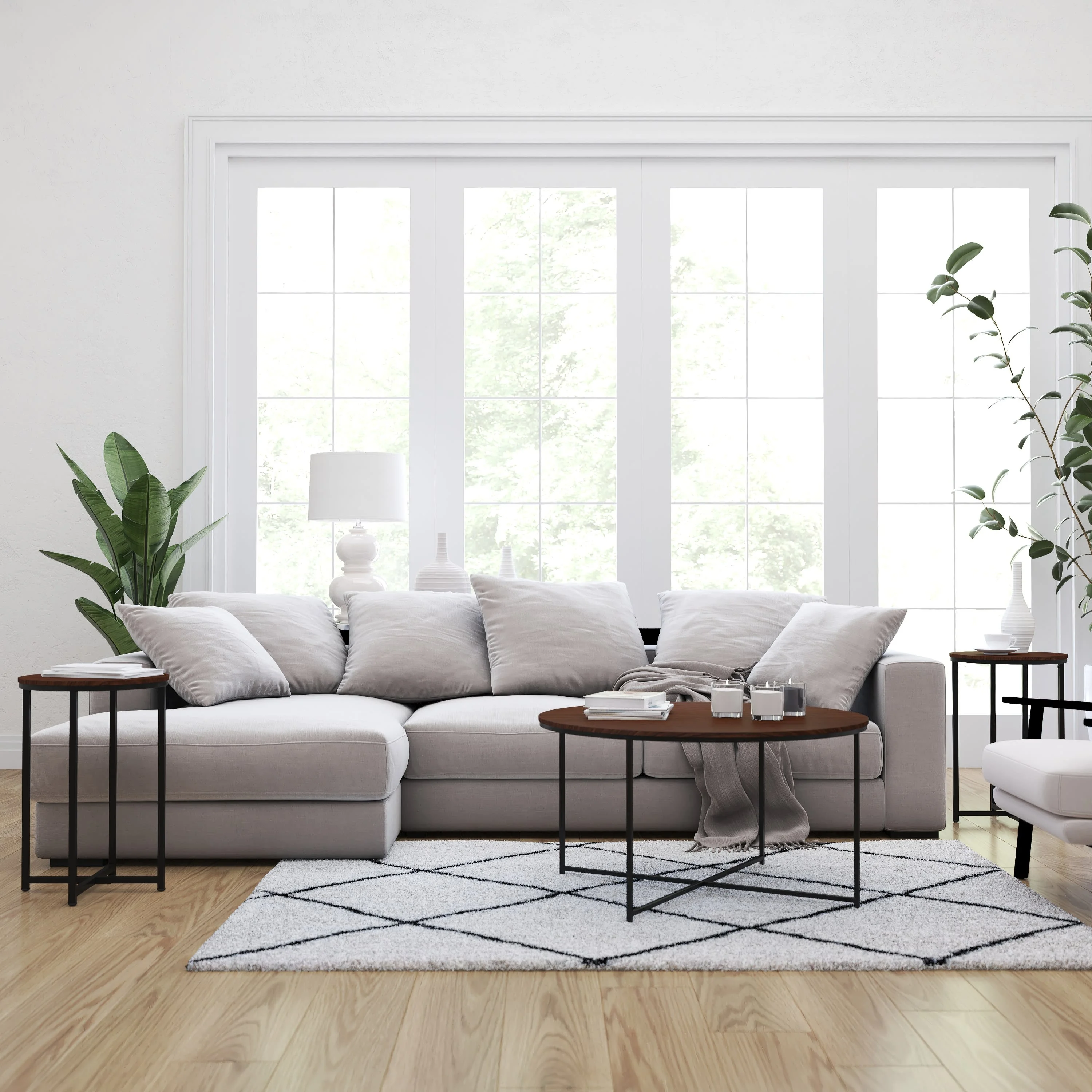 Merrick Lane Round Coffee Table Set - 3 Piece Walnut Coffee Table Set with Matte Black Crisscross Frame - Coffee Table & 2 End Tables