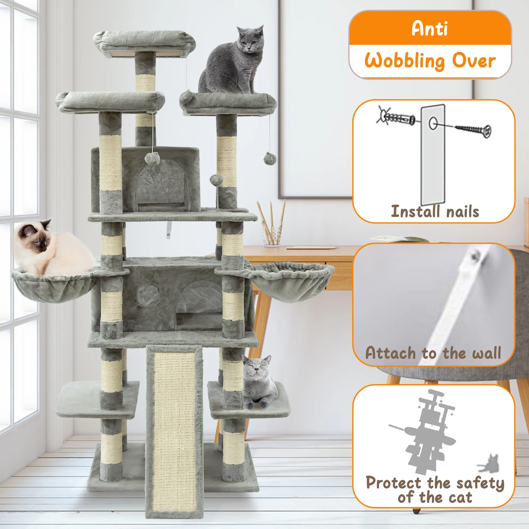 68 Inches Multi-Level Big Cat Tree, Tall Multi-Cats Tower with 2 Big Cat Condo &Cat Hair Brush, Large Cat Tree with 3 Padded Plush Perches & Scratching Posts