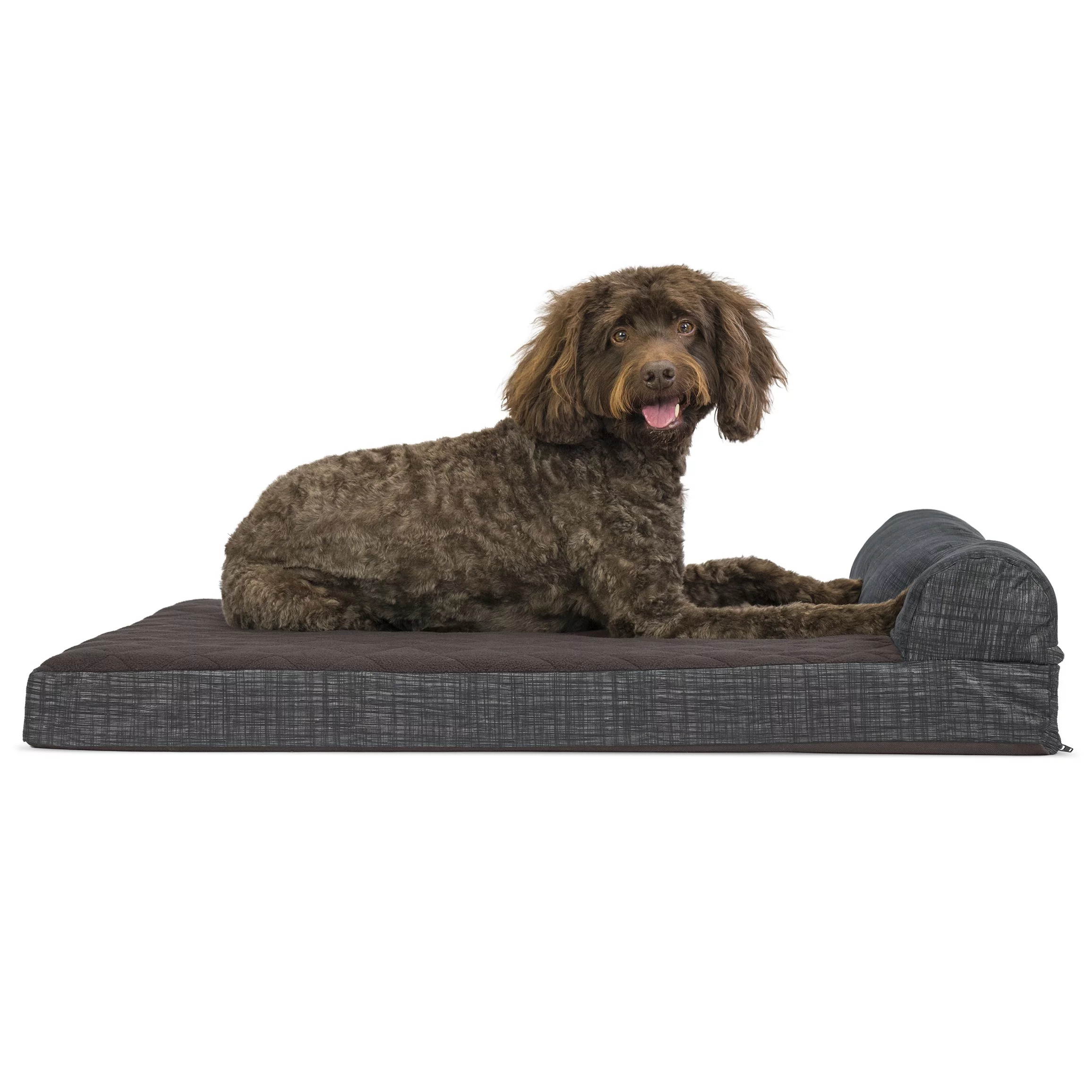 FurHaven | Orthopedic Quilted Fleece & Print Chaise Lounge Pet Bed for Dogs & Cats, Espresso, Large