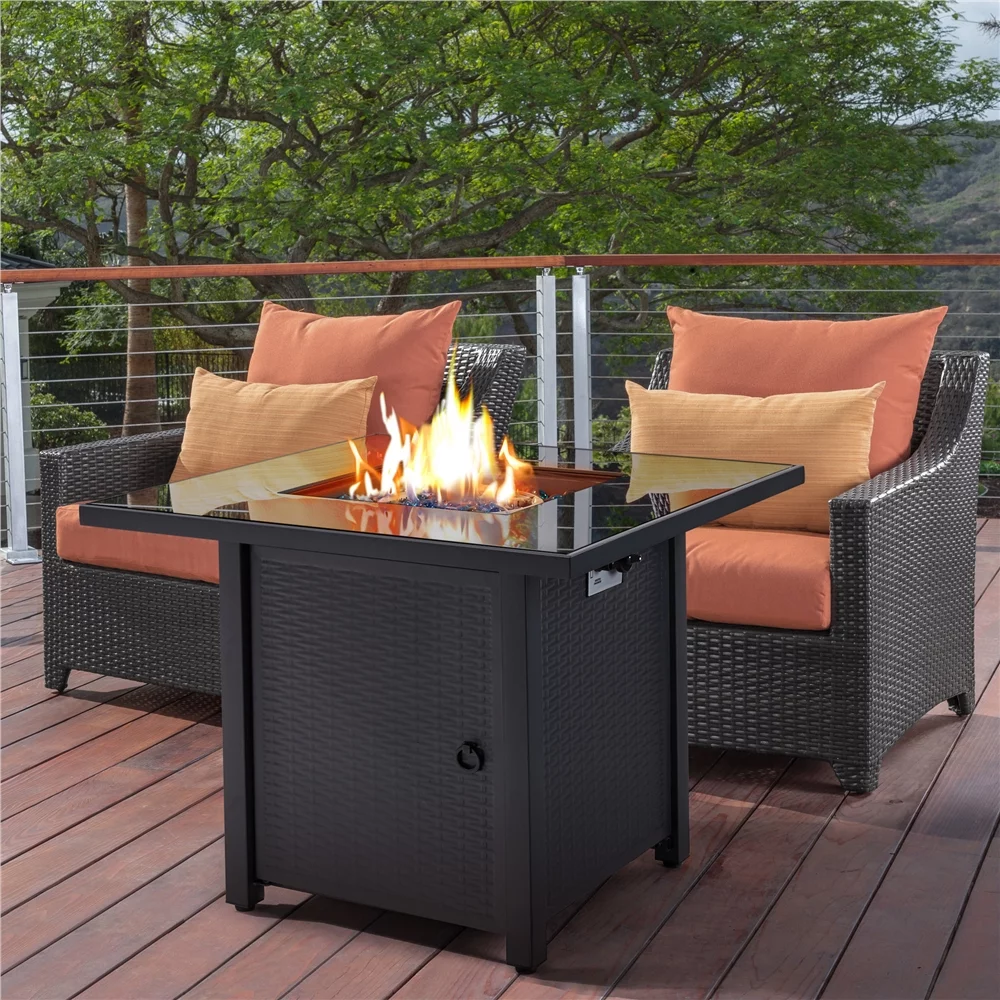 Topeakmart 30in Metal Fire Pit Table 50,000 BTU with Tempered Glass Tabletop, Glass Fire Stones & Water-resistant Cover, Propane