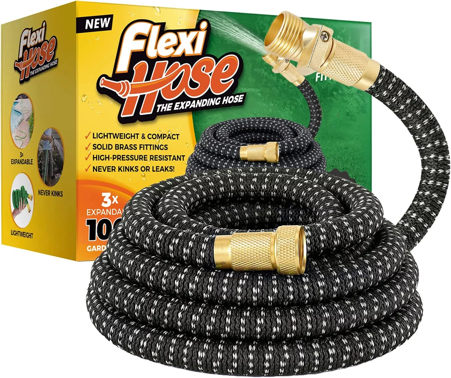 Flexi Hose Lightweight Expandable Garden Hose, Lightweight & No-Kink Flexible Garden Hose, 3/4 Inch Solid Brass Fittings and Double Latex Core (100 Ft, Gray & Black)