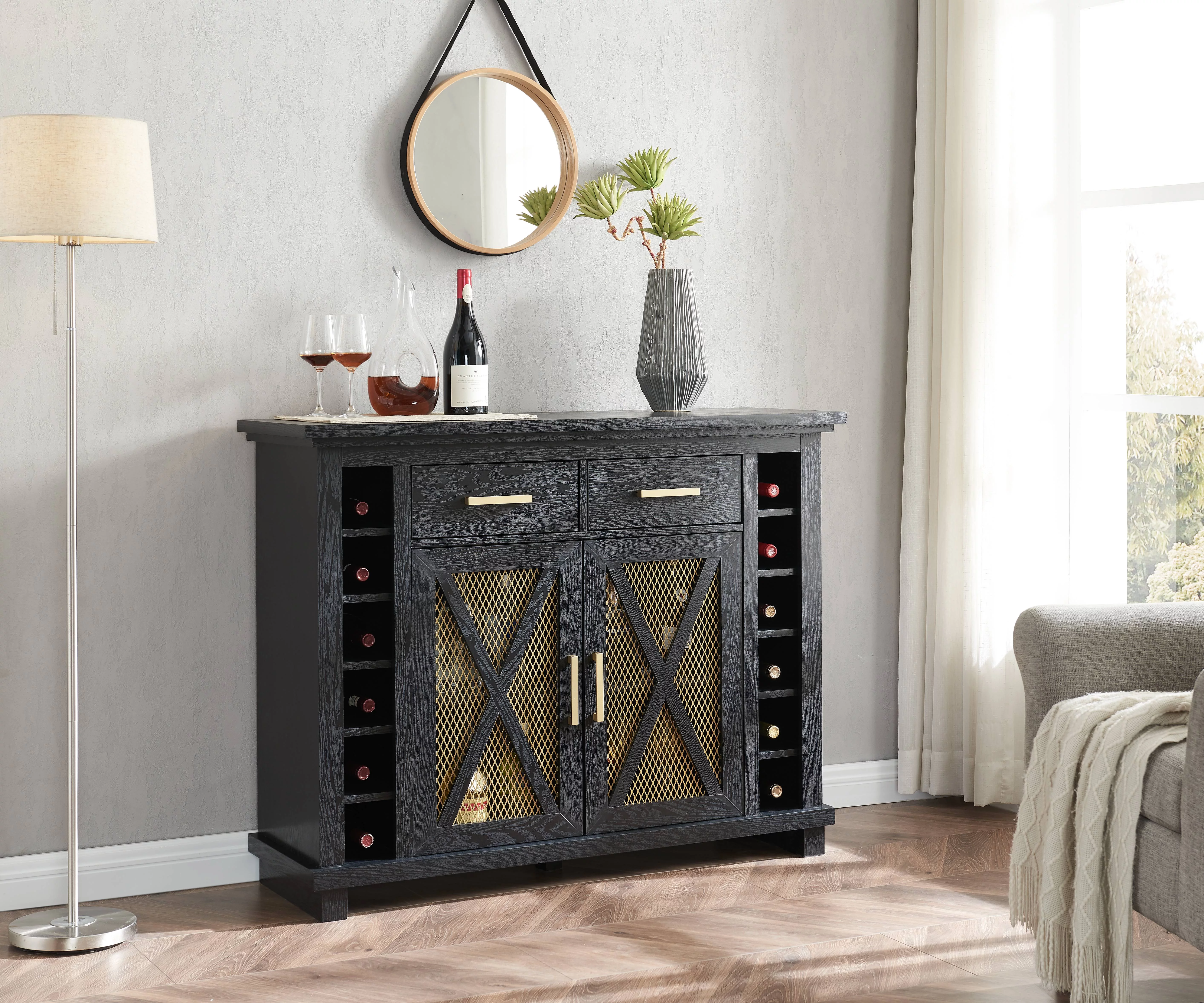 Home Source Black Console Bar Cabinet with Gold Trim