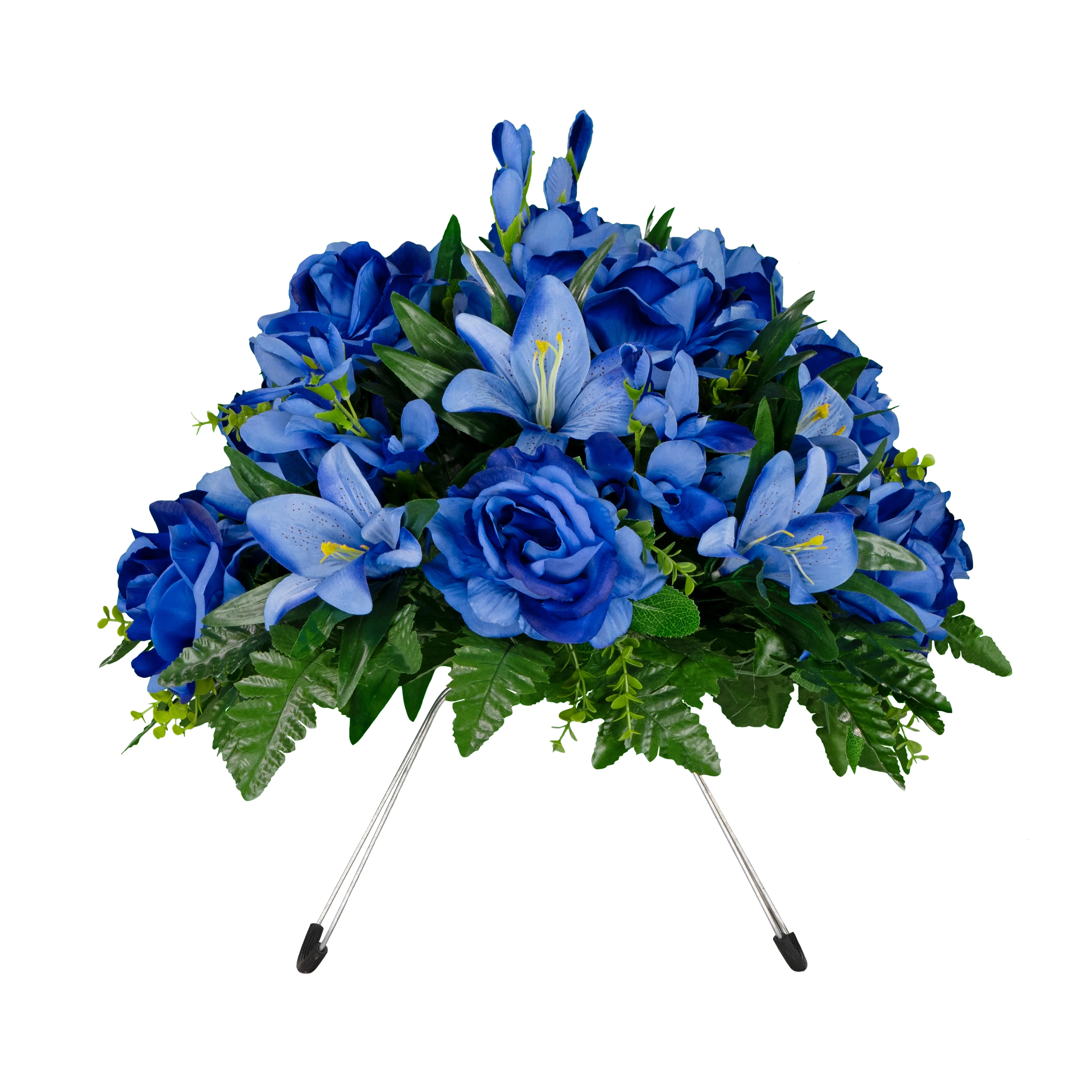 Sympathy Silks Artificial Cemetery Flowers Blue Gladiolus Rose and Lily Saddle for Headstone