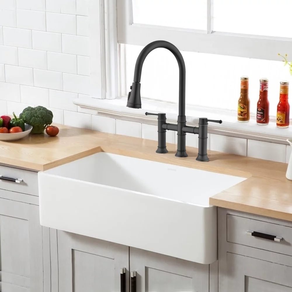 Double Handle Bridge Kitchen Faucet With Pull-Down Spray Head