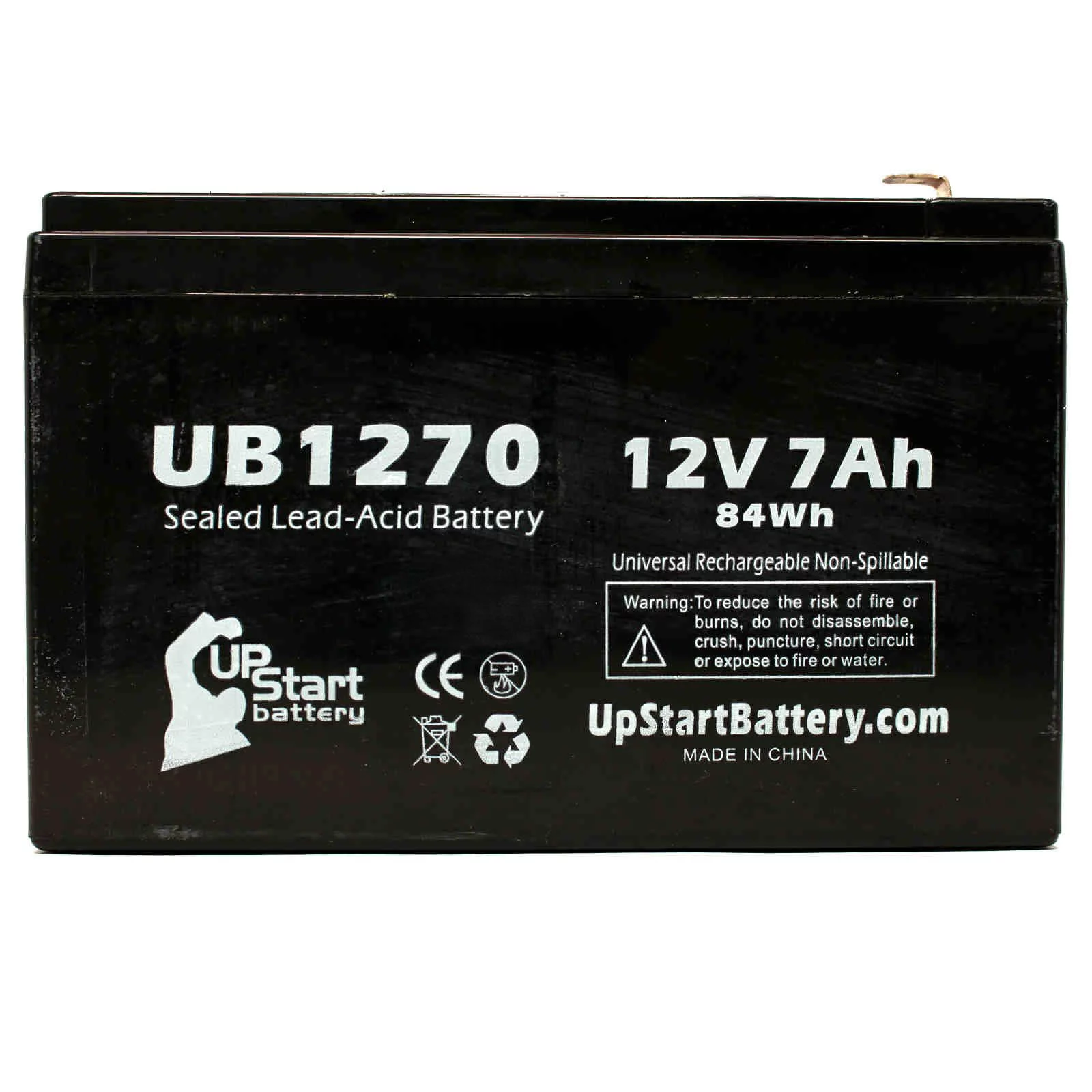 Compatible ADT 9F4Y Battery - Replacement UB1270 Universal Sealed Lead Acid Battery (12V, 7Ah, 7000mAh, F1 Terminal, AGM, SLA) - Includes TWO F1 to F2 Terminal Adapters