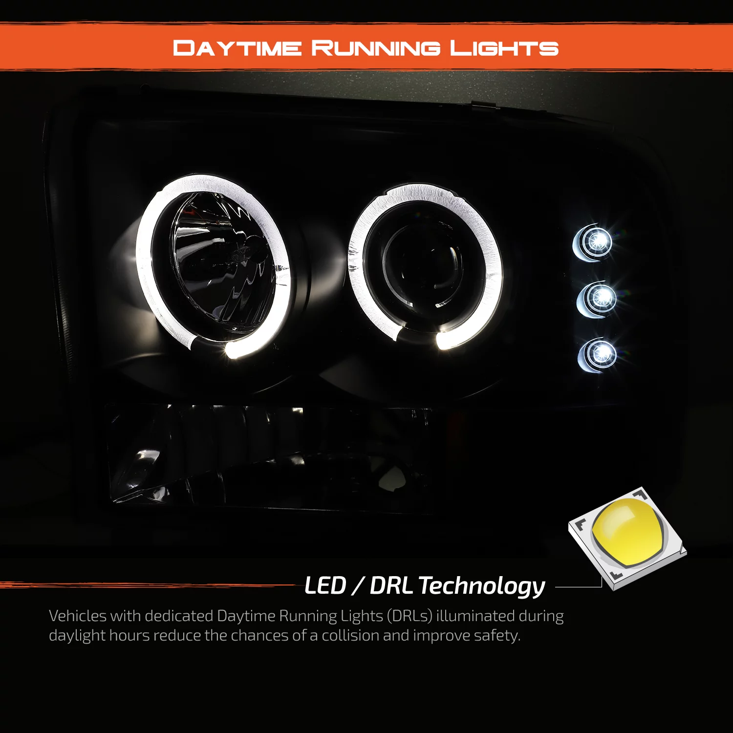 AKKON - For Ford F-Series SuperDuty Black Bezel Dual Halo Projector Headlights Replacement + Tail light Set