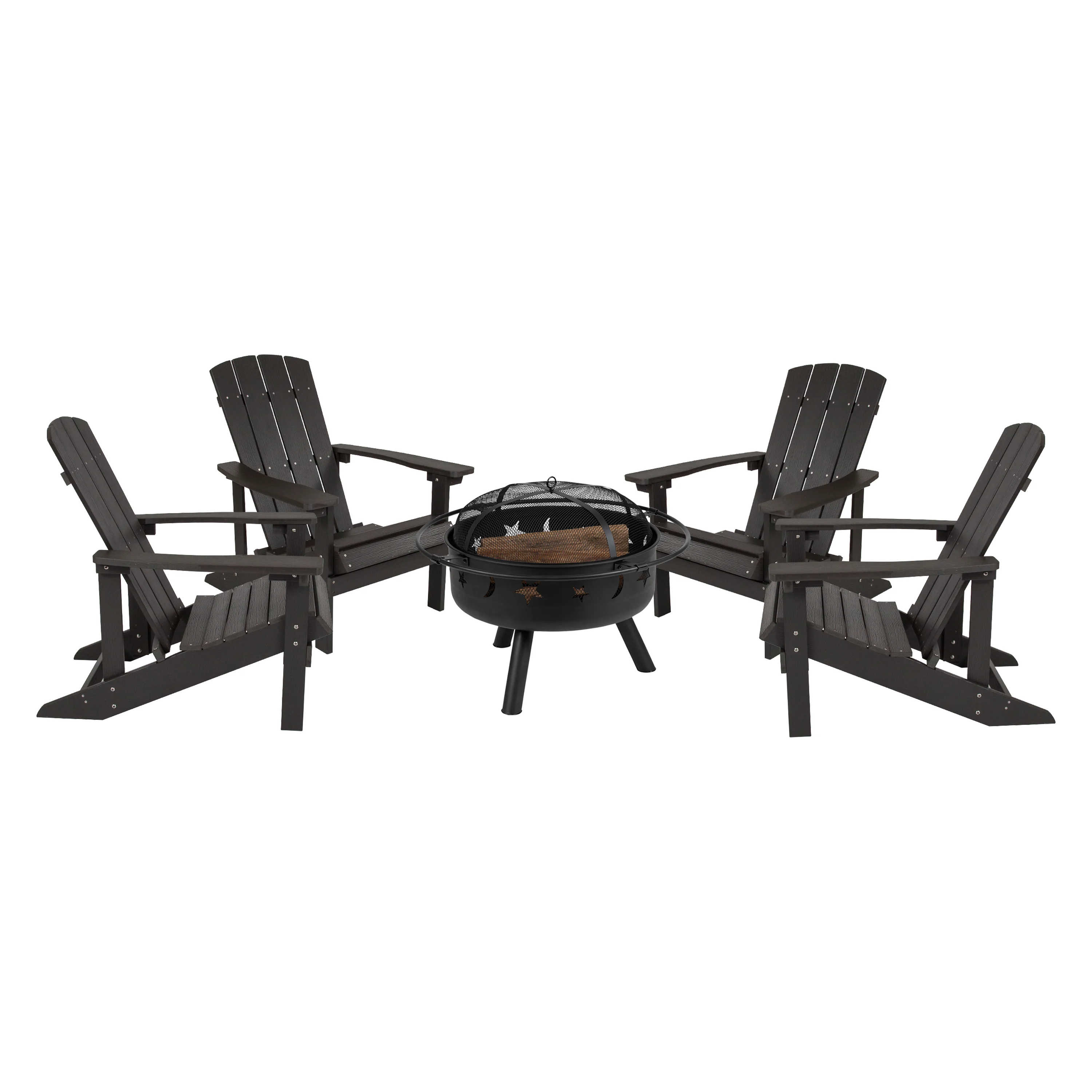 Flash Furniture Charlestown 5 Pcs Iron Wood Burning Fire Pit Set With Adirondack Chairs, Slate Gray