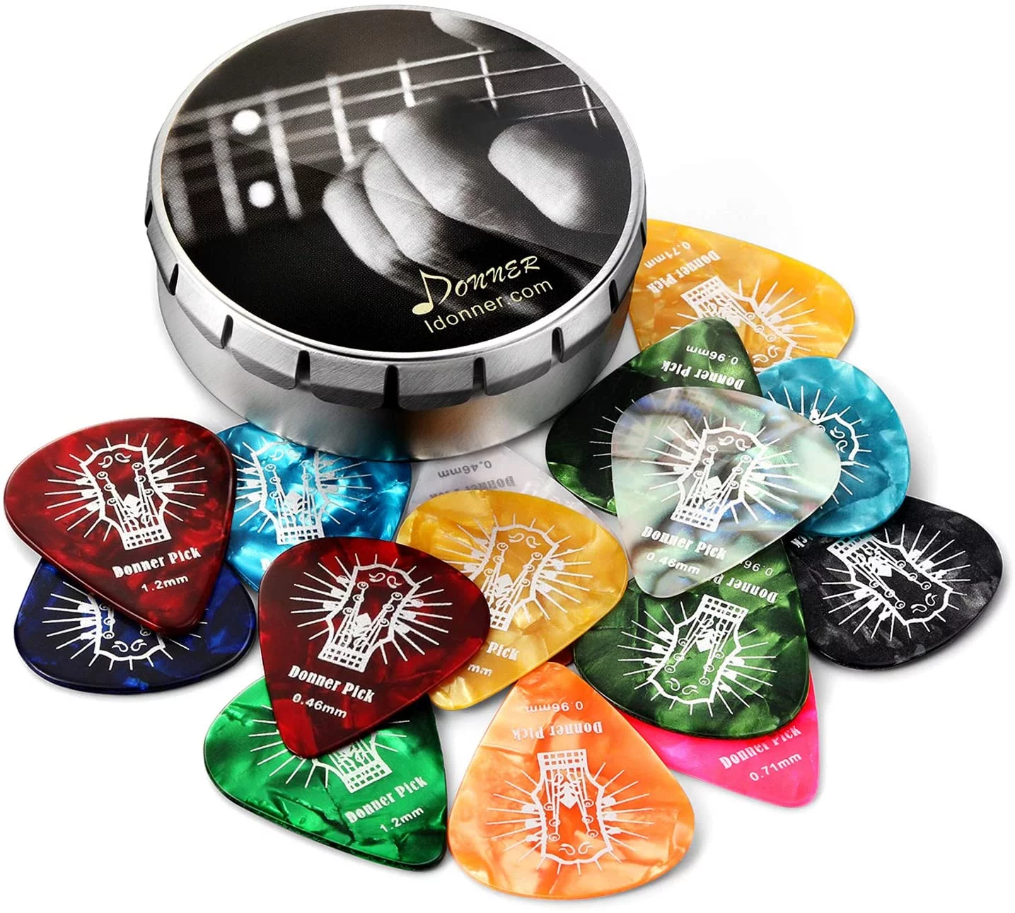 Donner Celluloid Guitar Picks 16 Pack with Case Includes Thin, Medium, Heavy & Extra Heavy Gauges