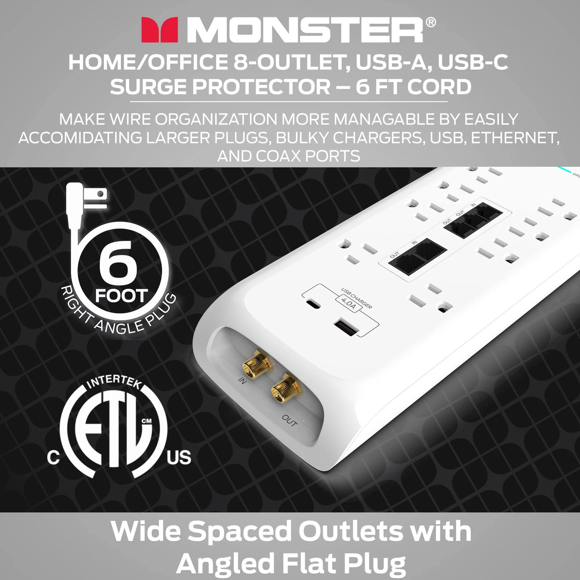 Monster 6ft White Heavy Duty Power Strip and Tower Surge Protector, 4050 Joule Rating, 8 120V-Outlets, 1 USB-A and 1 USB-C Port - Ideal for Computers, Home Theatre Home Appliances and Office Equipment
