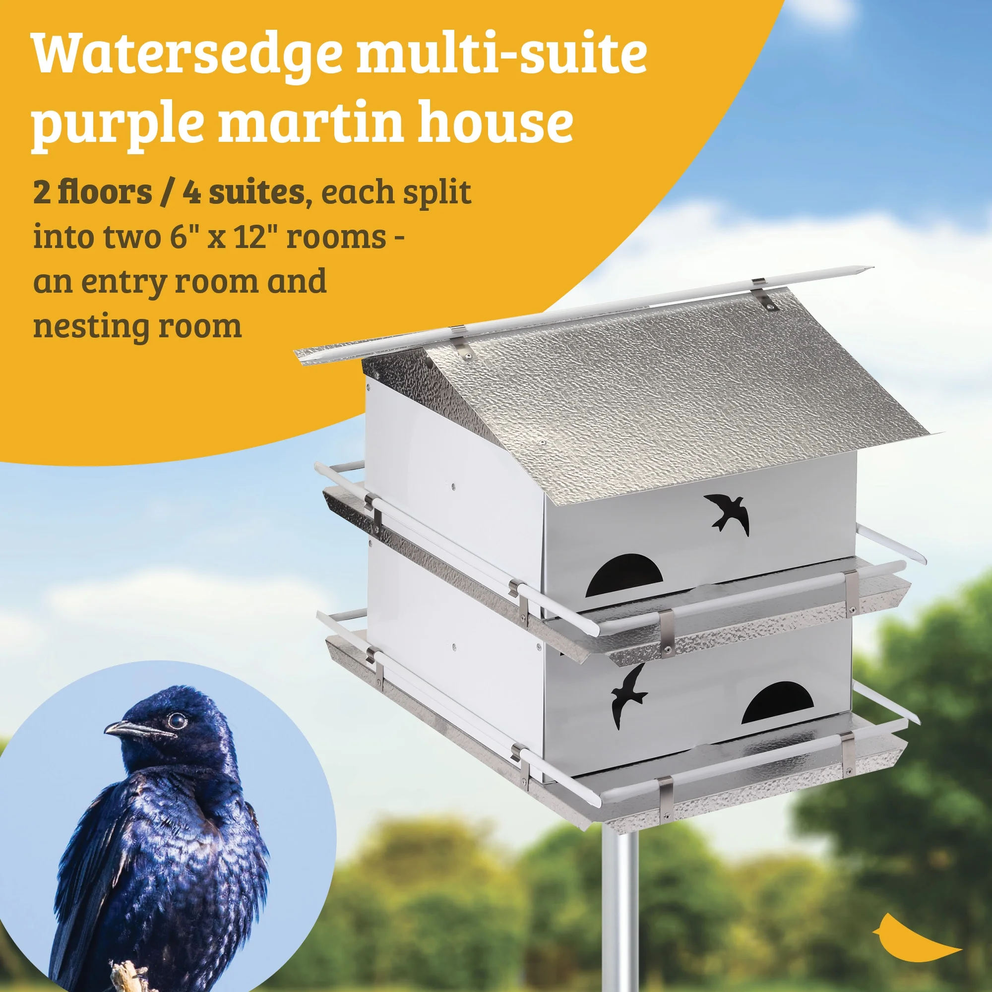 Birds Choice PMW2 Watersedge Purple Martin House 2 Floor/4 Room, Bird House, Small, White/Grey