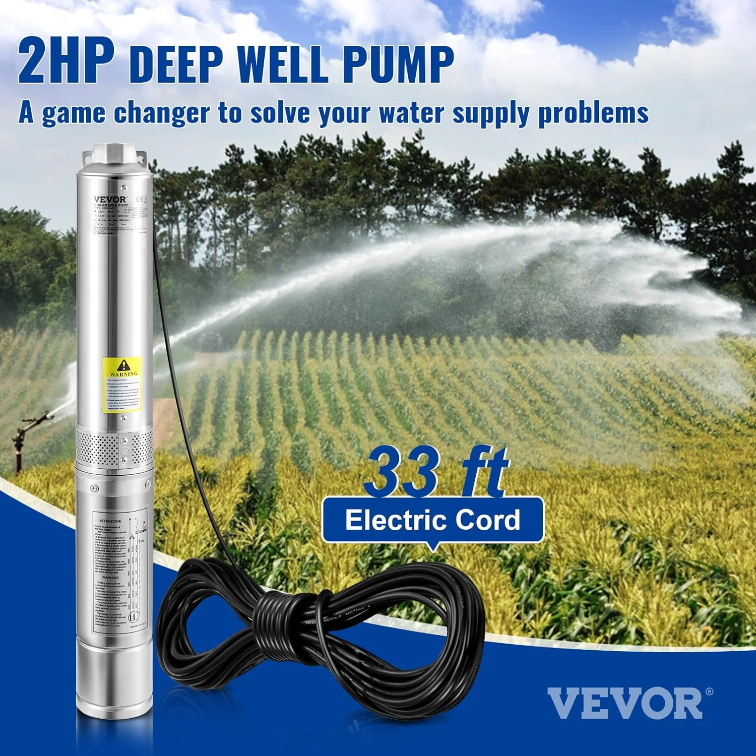 Vevor  37 GPM Flow 427 ft. Head, with 33 ft. Electric Cord Deep Well Submersible Pump
