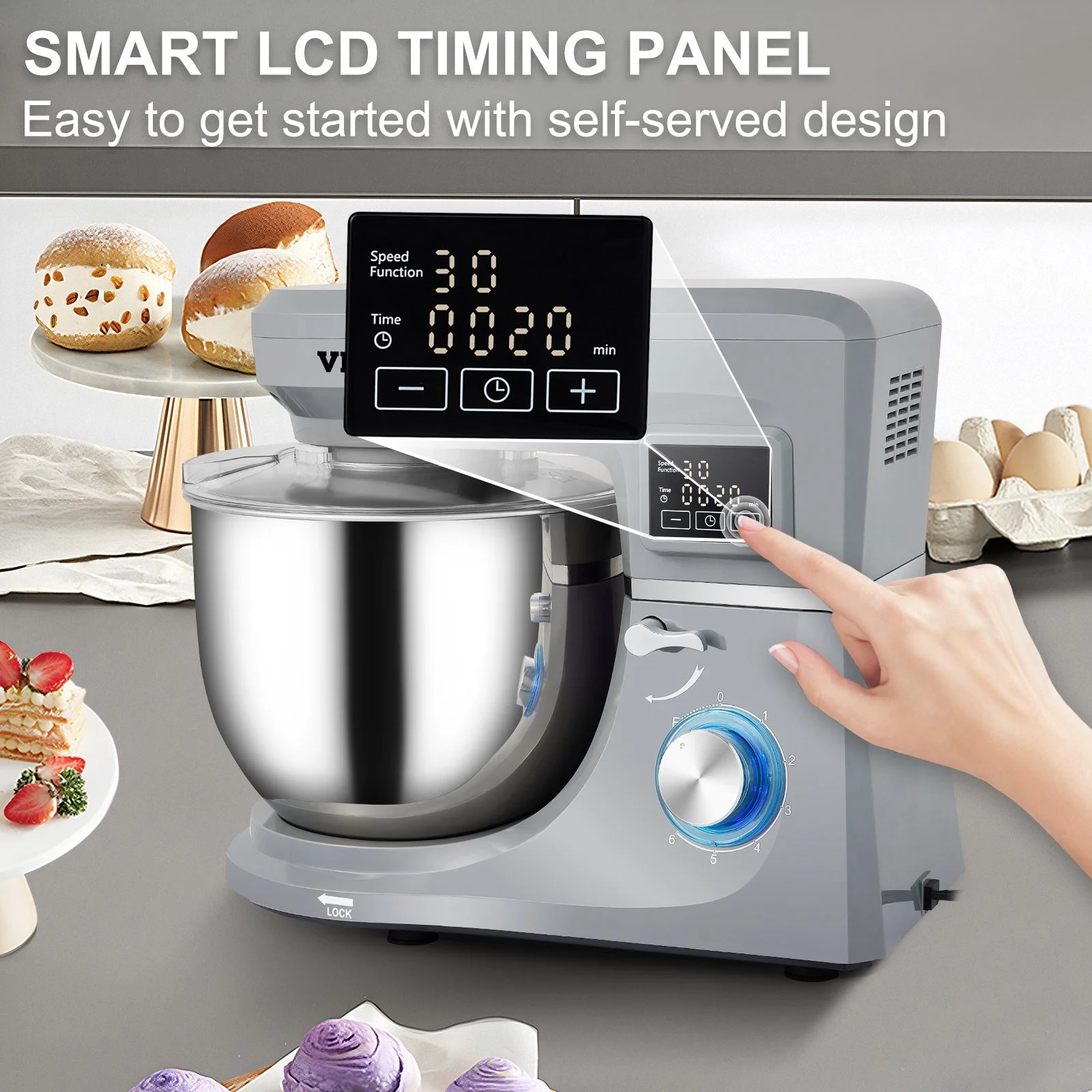 Vevor 5-in-1 Stand Mixer, 660W Tilt-Head Multifunctional Electric Mixer with 6 Speeds LCD Screen Timing - Gray