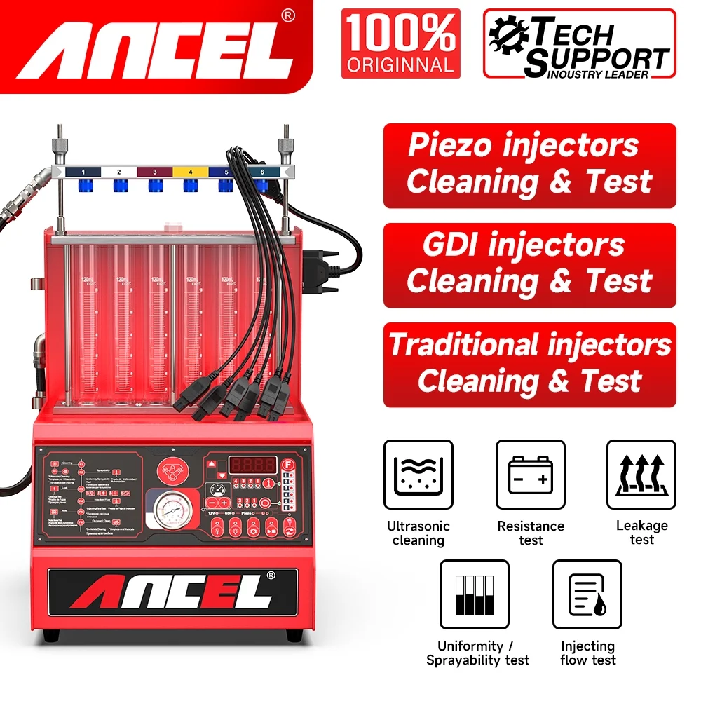 ANCEL AJ600 GDI Piezo Injector Cleaning & Testing Machine 6-cylinder Automotive Injection Leakage Tester Ultrasonic Wave Cleaning Uniformity Test Injecting Flow Test for Fuel Injector Cleaner & Tester