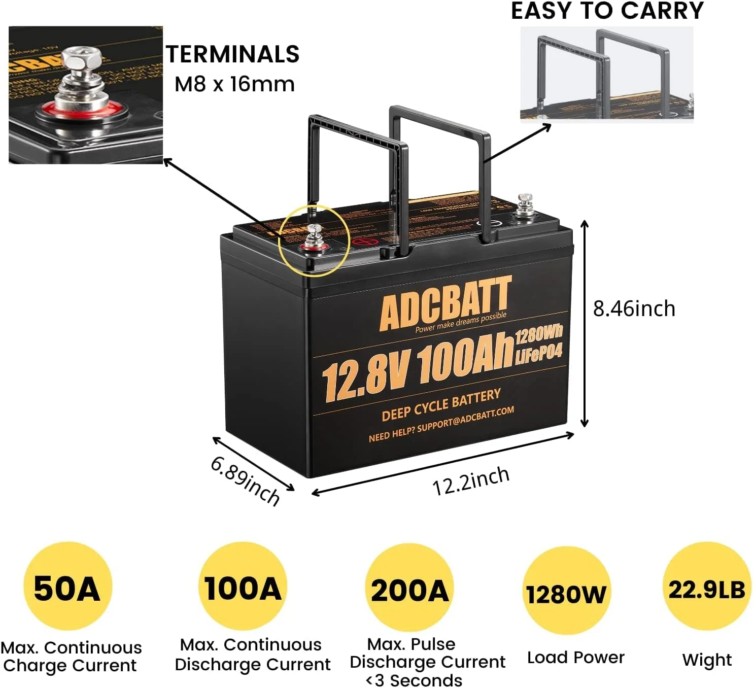 Adcbatt 12V 100Ah LiFePO4 Battery with Low Temperature Cut-off for Marine,RV,Trolling Motor, Backup