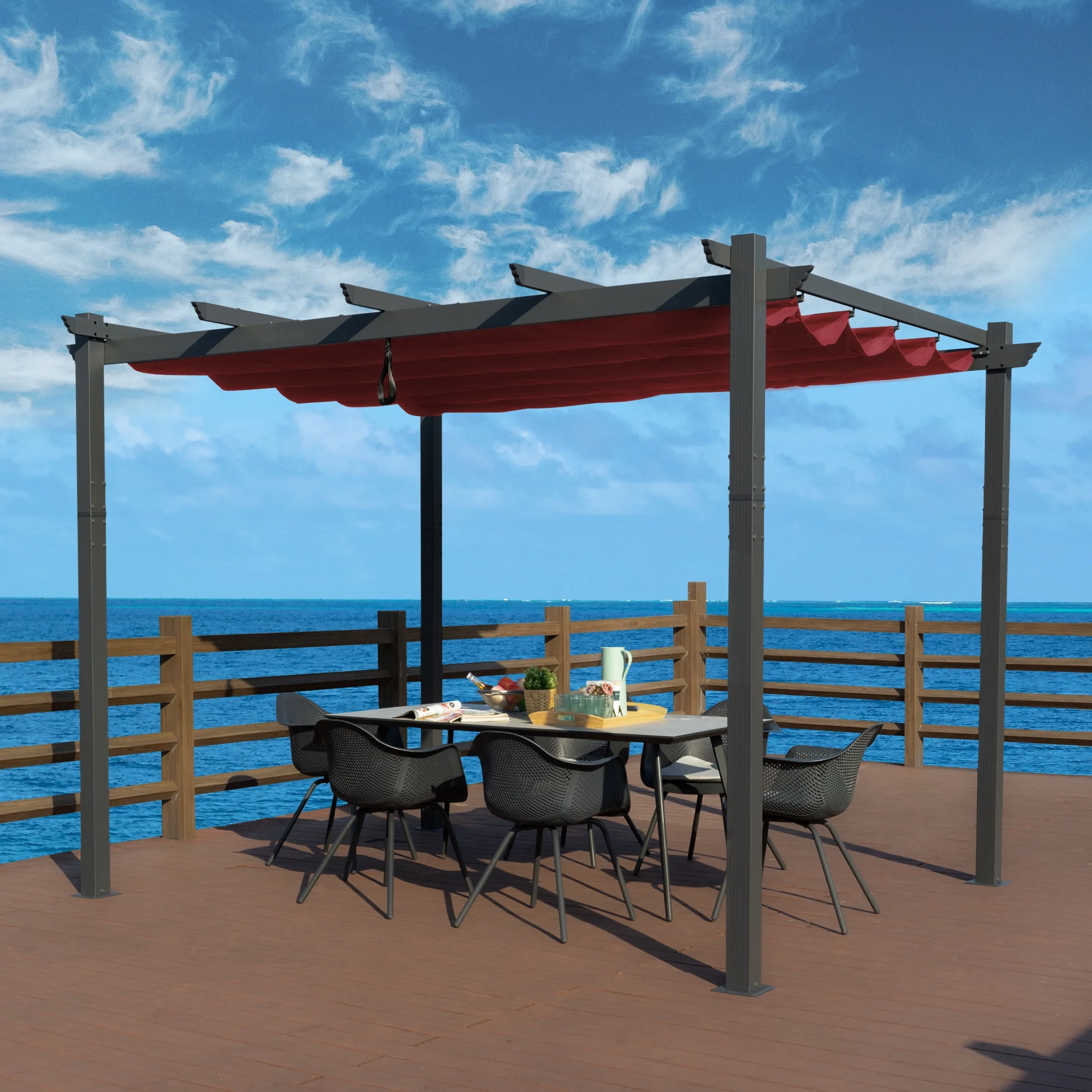 Kozyard Morgan Outdoor Extra-Large Gray Aluminum Frame Pergola with Sunshade Canopy (10' x 12', Burgundy)
