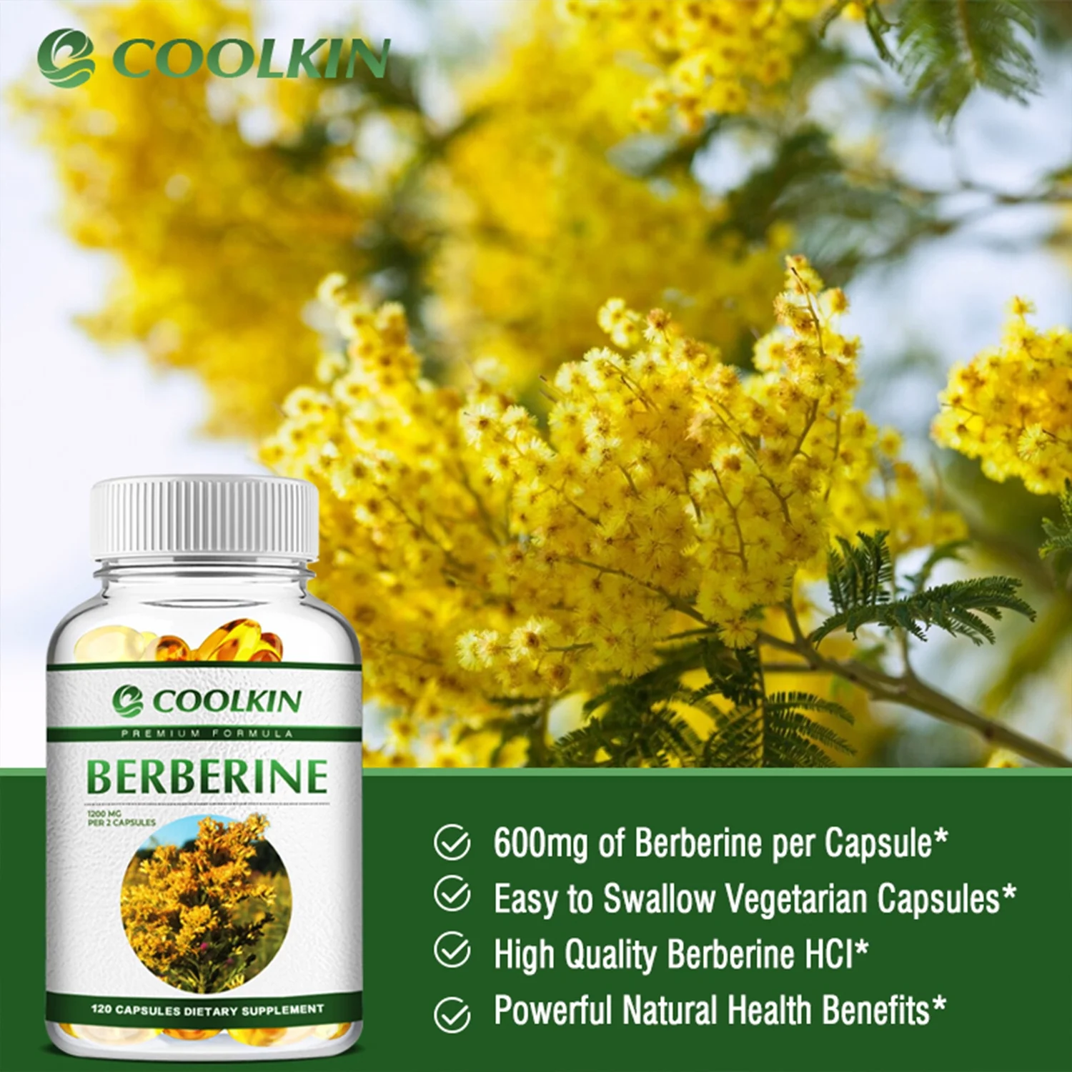 Coolkin Berberine 1200mg - Heart Health, Blood Sugar Balance & Control - Berberine HCI(30/60/120pcs)
