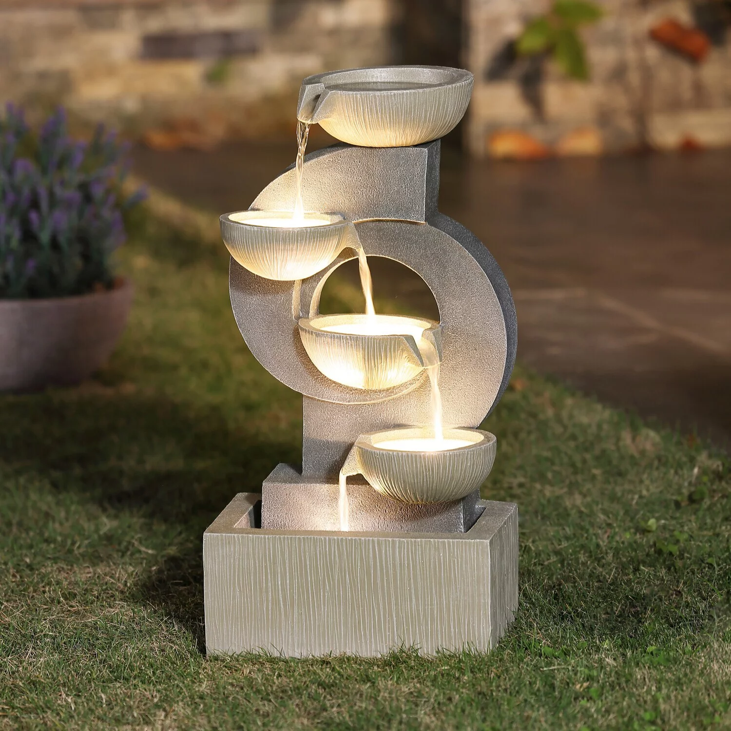 LuxenHome Gray Curves and Cascading Bowls Resin Outdoor Fountain with LED Lights