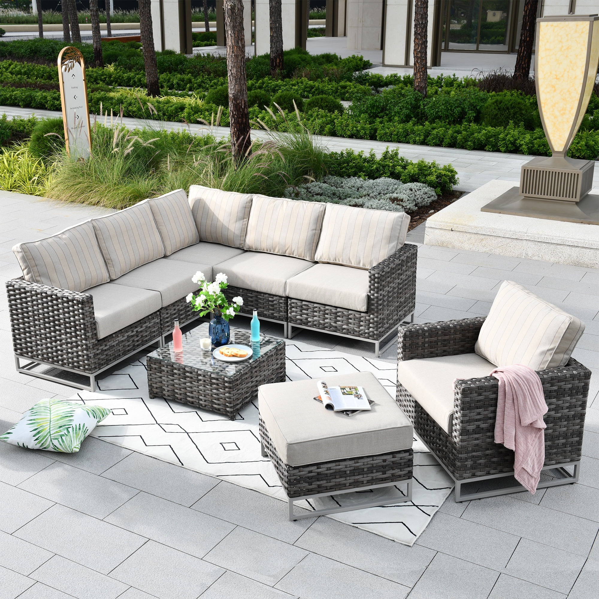 OVIOS  Patio Furniture Deep Seat Wicker Metal Frame 8-piece Set with Cushions with Table Grey/Black Wicker