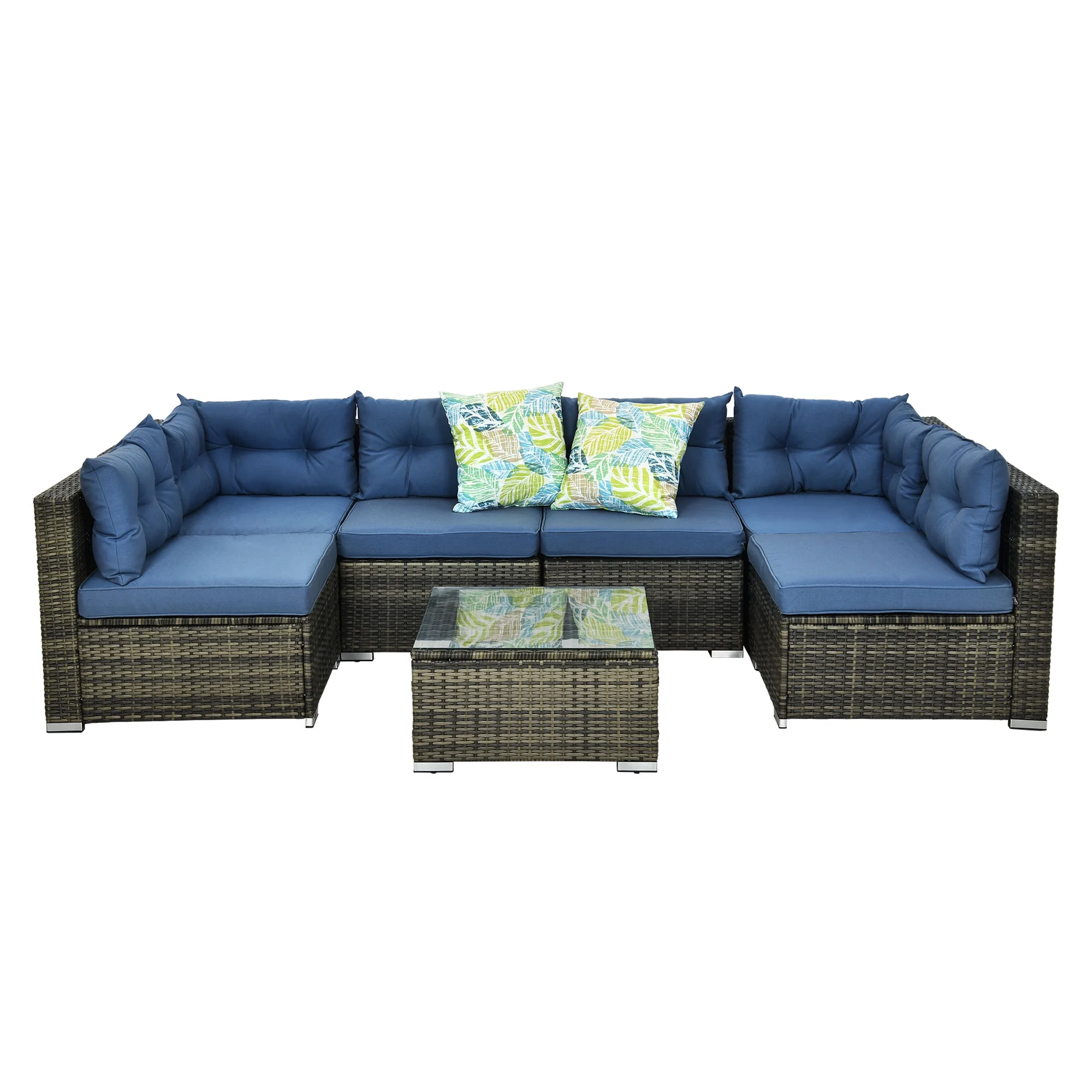 ModFusion 7-Piece Outdoor Patio Wicker Furniture Set, All-Weather Sectional Conversation Waterproof Sofa and Rattan Table, Blue