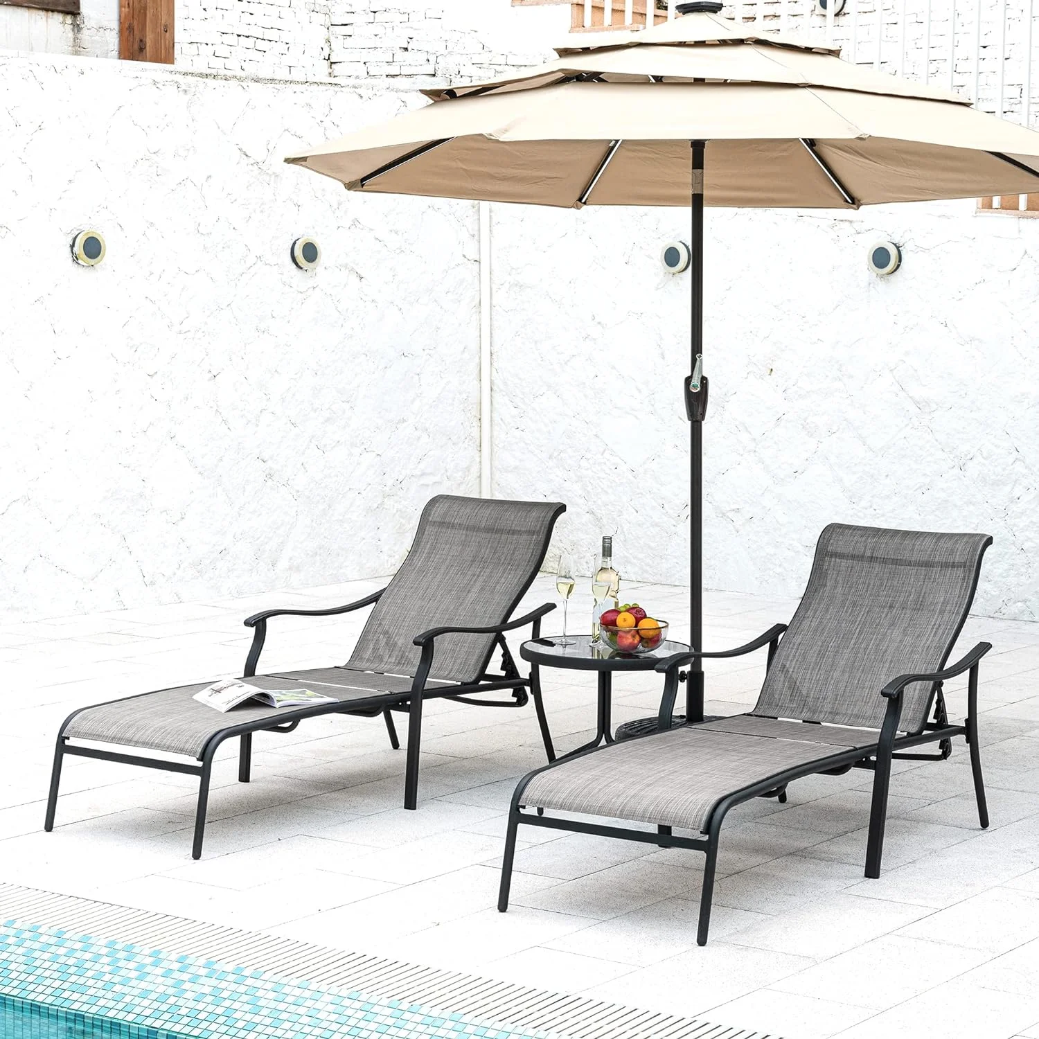 Patio Chaise Lounge 3 Pieces,Patio Lounge Chair with Glass Coffee Table,Pool Lounge Chair with Breathable Textilene Fabric for Patio Backyard Poolside