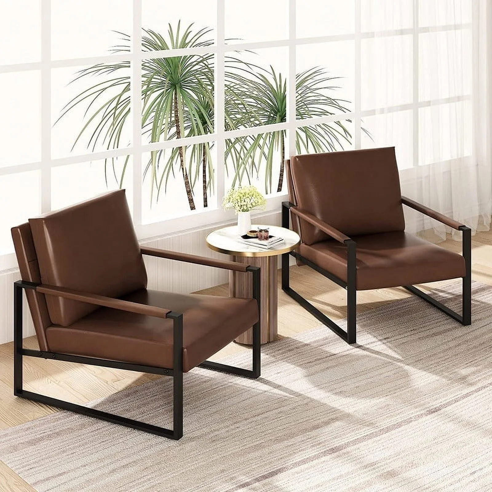 Eureka Modern Vintage Upholstered PU Leather Armchairs, Mid Century Accent Chairs with Steel Frame, Leisure Chairs (Set of 2) Brown Powder Coated,