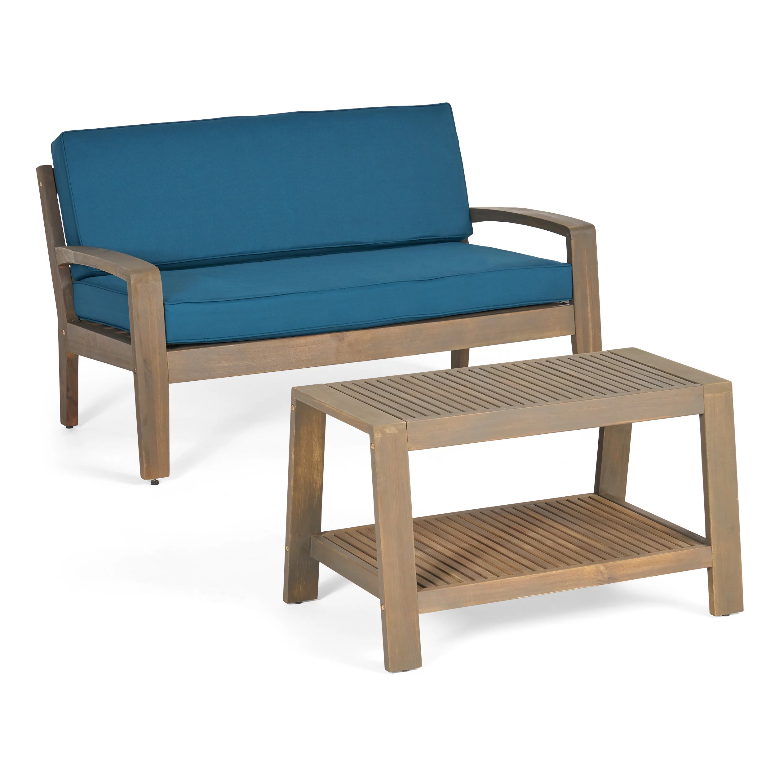 GDF Studio Parma Outdoor Acacia Wood Loveseat and Coffee Table Set, Gray and Teal
