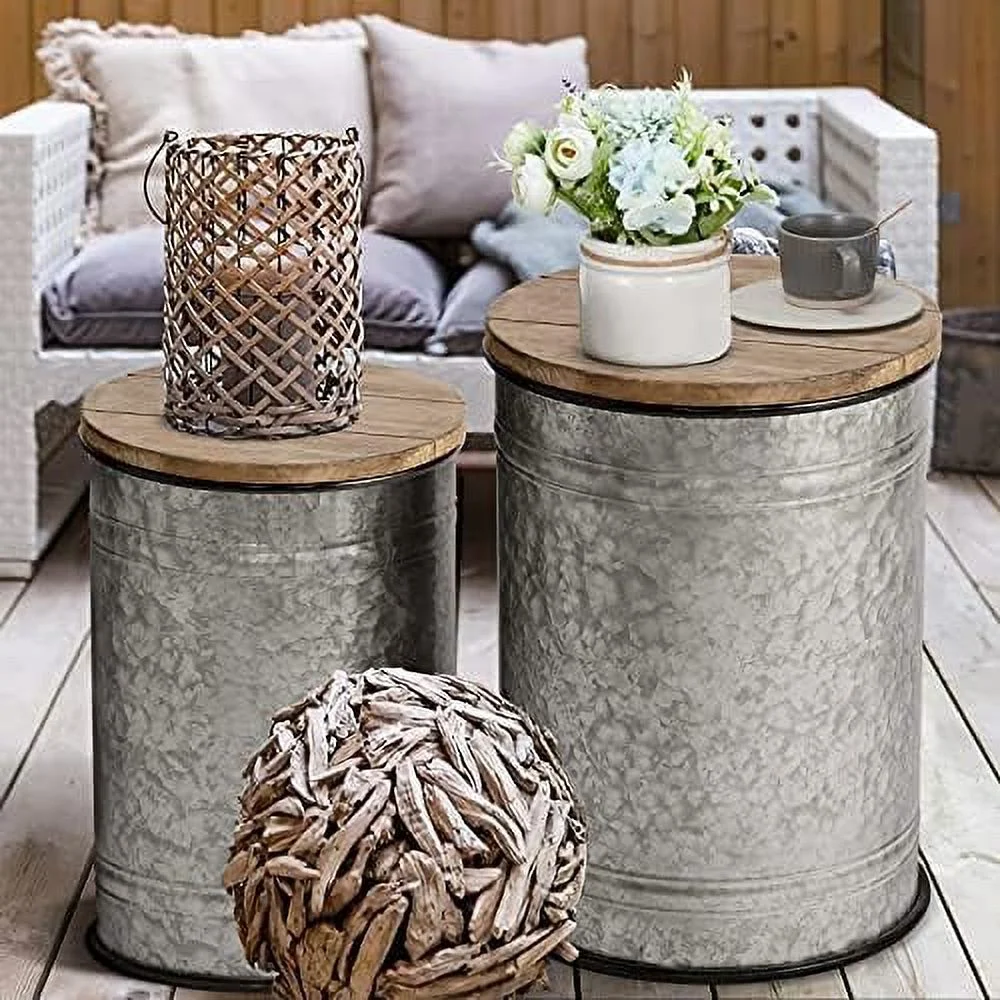 FDSHOIYN Rustic  Bins Farmhouse End Table Farmhouse  Galvanized Metal Stool Ottoman Seat with Round Wood Lid