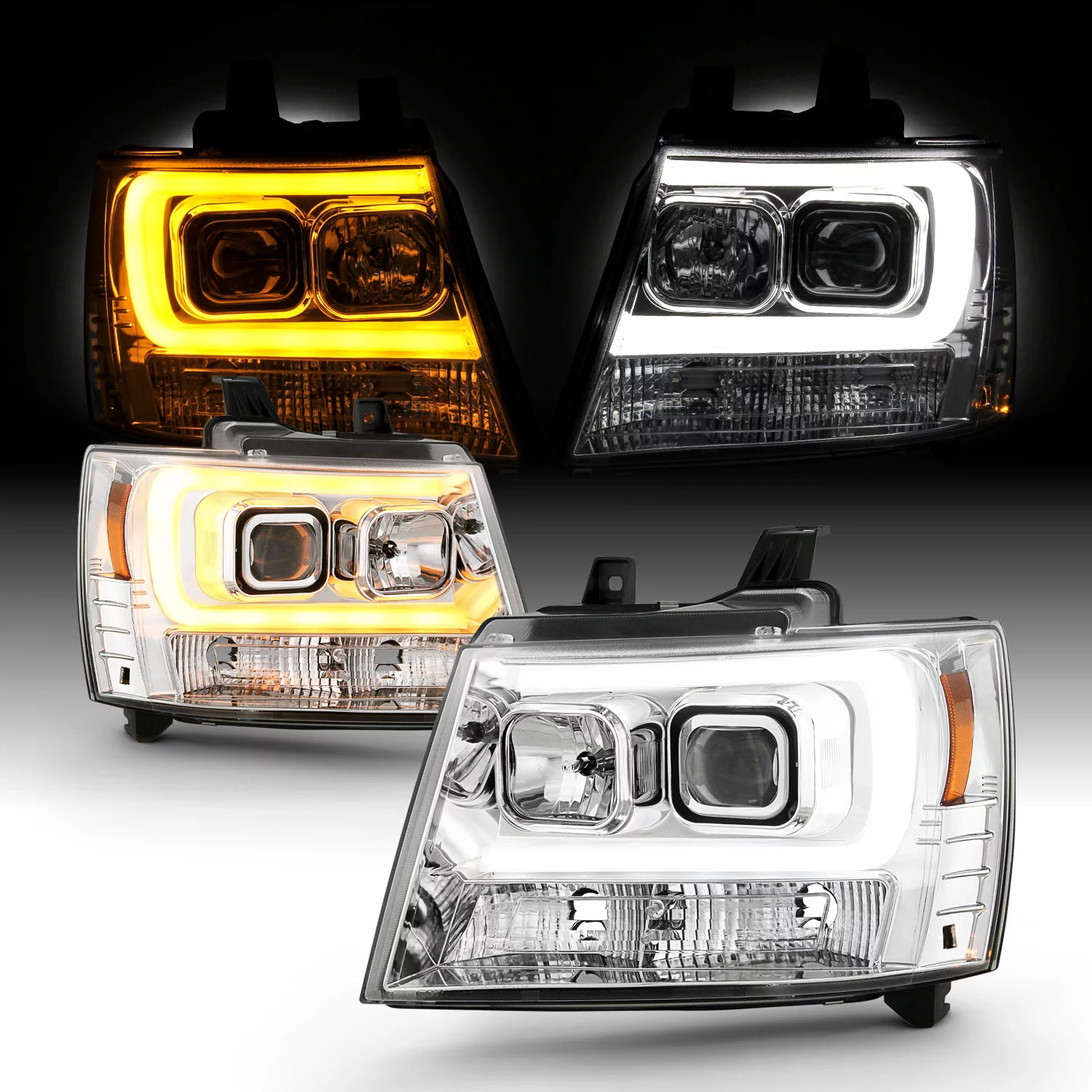 AKKON - Fits 2007-2013 Chevy Avalanche 2007-2014 Tahoe Suburban 1500 / 2500 C-Tube Projector Chrome Headlights Pair Left + Right
