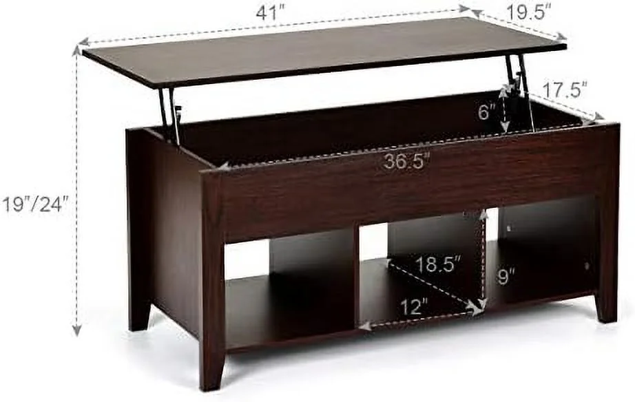 TQJKLFDY Lift Top  Space Coffee Table  Multi-Functional Modern Coffee Table with Height Adjustable Top & Hidden Compartment  & Three Open Shelves at Bottom (Brown)