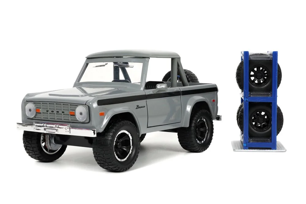 Diecast Car w/Display Case - 1973 Ford Bronco Pickup Truck with Extra Wheels, Gray - Jada Toys 33849 - 1/24 scale Diecast Car