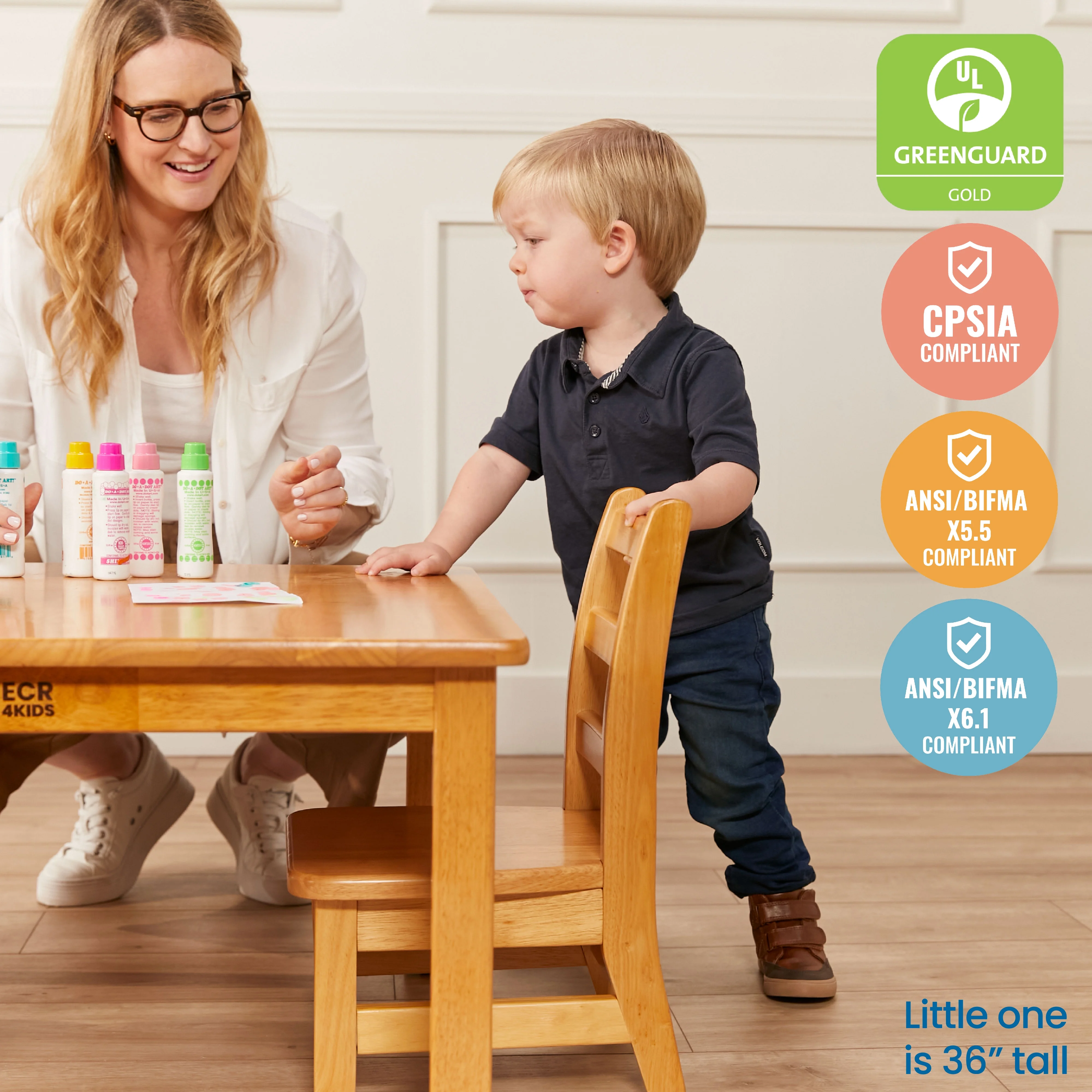 ECR4Kids 30in x 30in Square Hardwood Table with 16in Legs and Two 8in Chairs, Honey