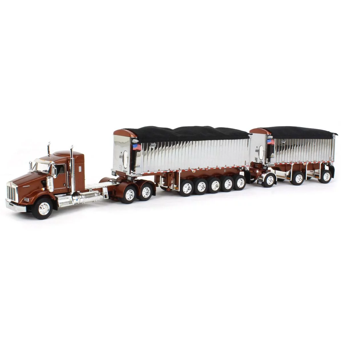 First Gear 1/64 Bronze/Chrome Kenworth T800 w/ Chrome Eat Genesis II End Dump Trailers, DCP, 60-1570