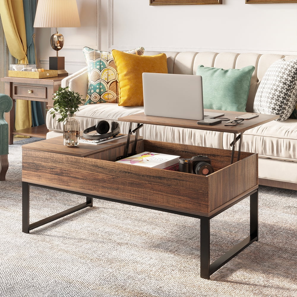 DEXTRUS Lift Top Coffee Table Desk With Storage Lift up Top Coffee Table Wood Coffee Table for Living Room Office Brown