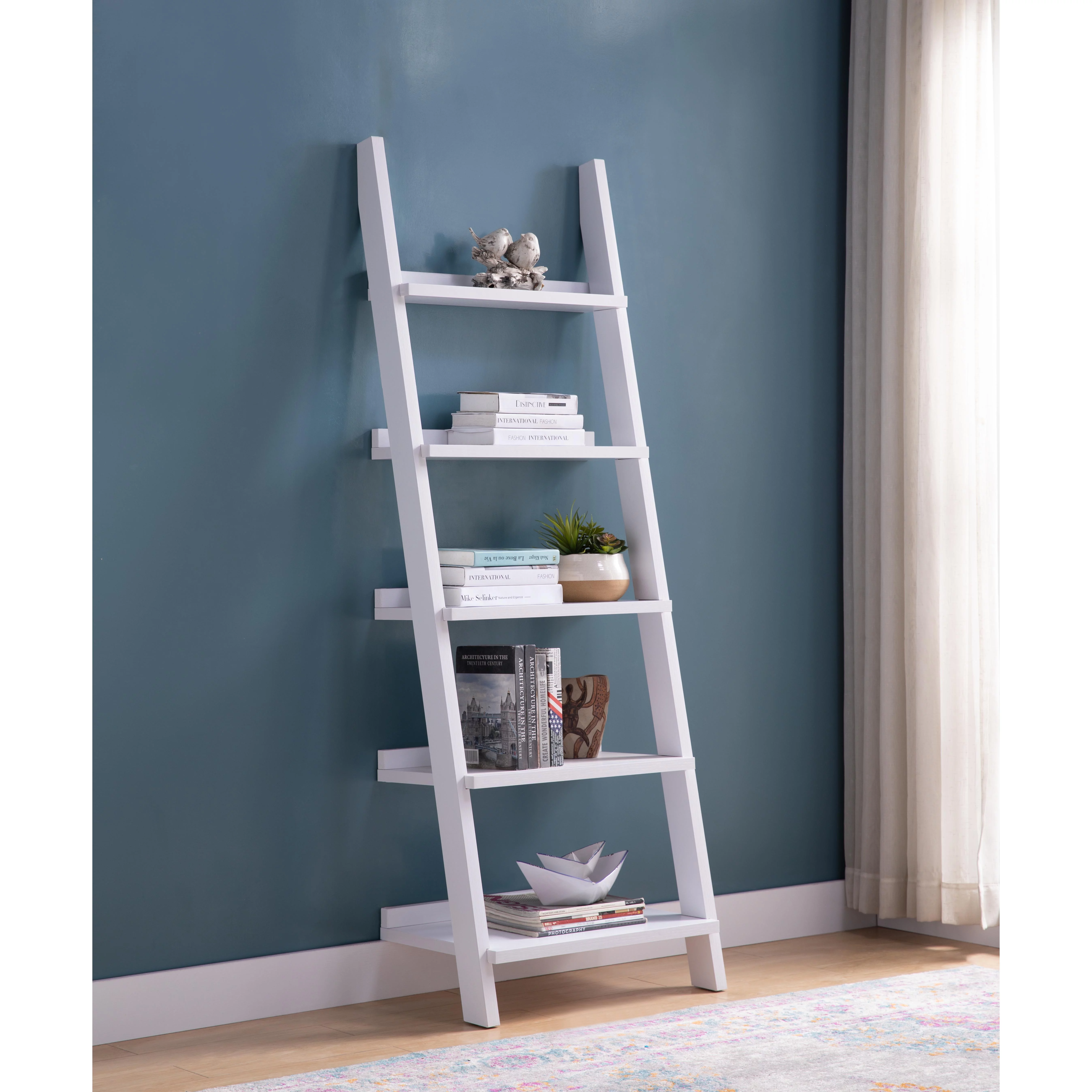 White Finish 5 Tier Wooden Ladder Bookshelf, Shelf Leaning Open Shelves Bookcase