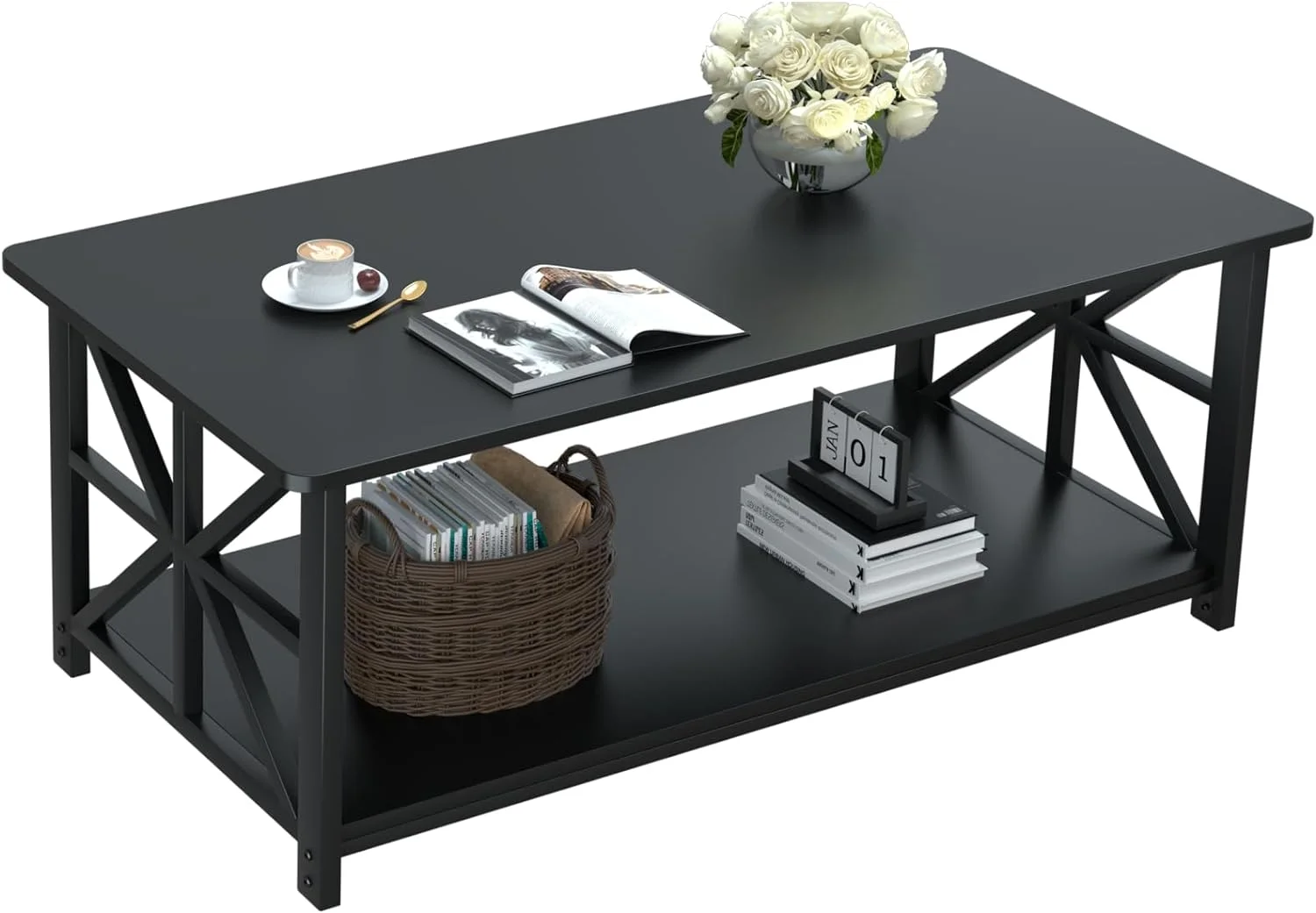 GOURE Coffee Table with Round Corner, Farmhouse Center Table with 2-Tier Storage Shelf X-Frame Design for Living Room, 39 inch Black