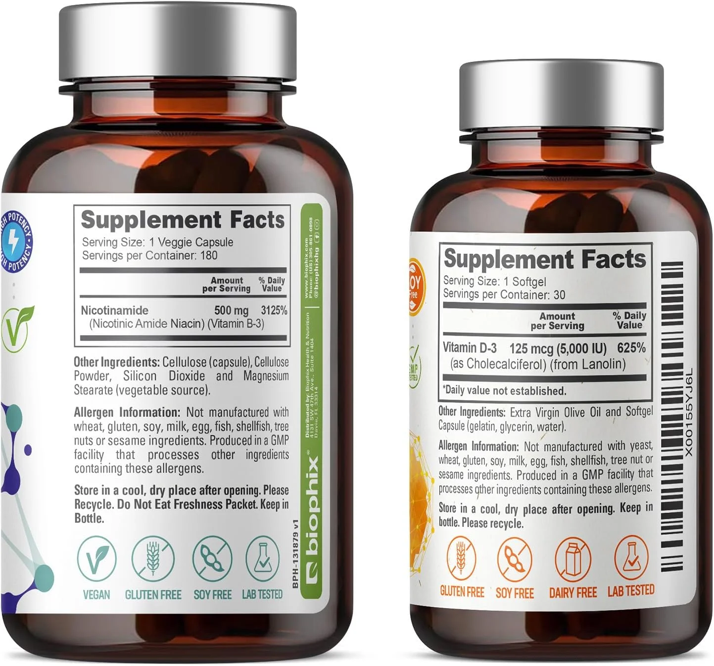 biophix B-3 Nicotinamide 500 mg 180 Vcaps Plus Free Vitamin D-3 5000 IU 30 Softgels - Nicotinic Amide Niacin Natural Flush-Free Vitamin Formula - Supports Skin Cell Health