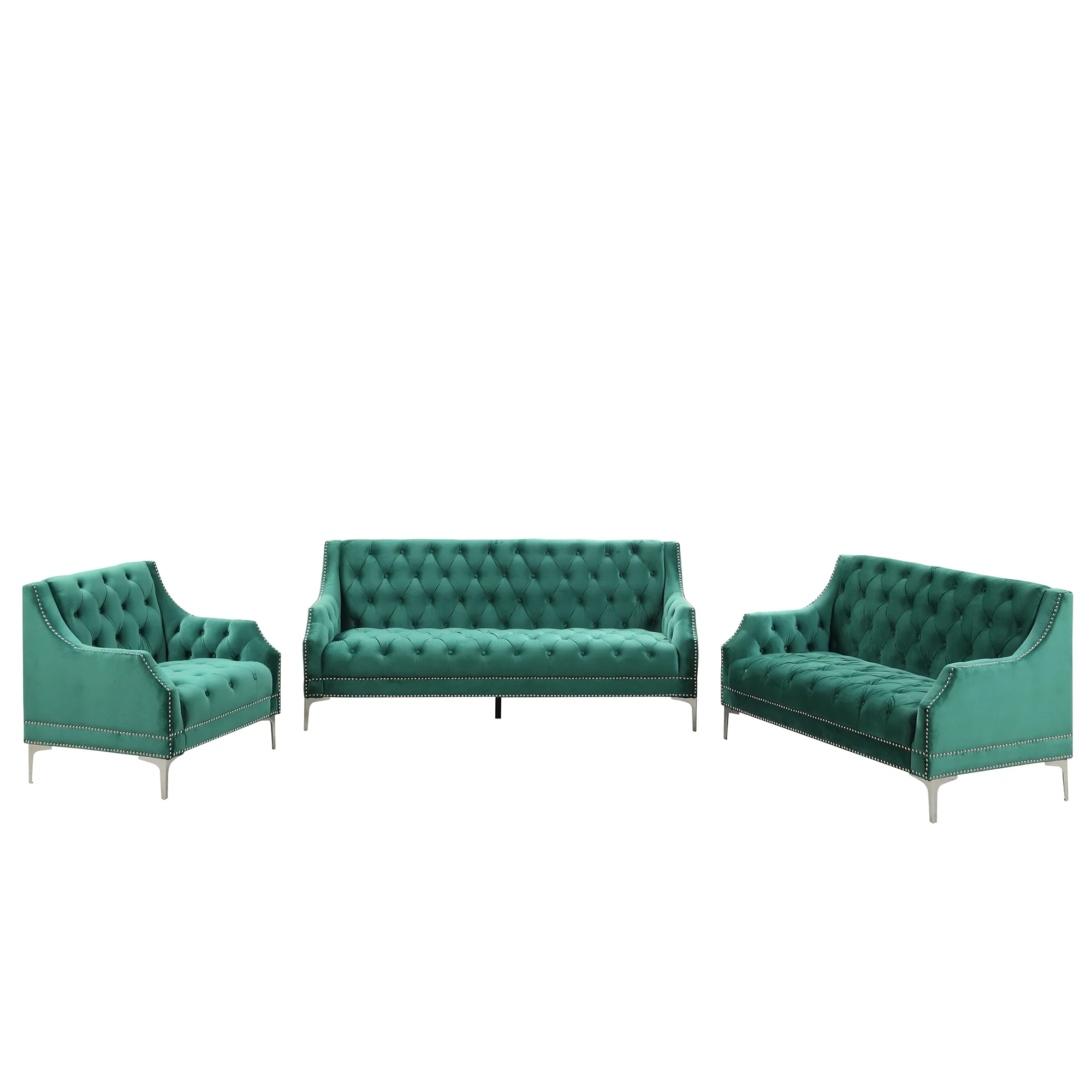Modern three-piece sofa set with metal legs, buttoned tufted backrest, frosted velvet upholstered sofa set including three-seater sofa, double seater and living room furniture set Single chair
