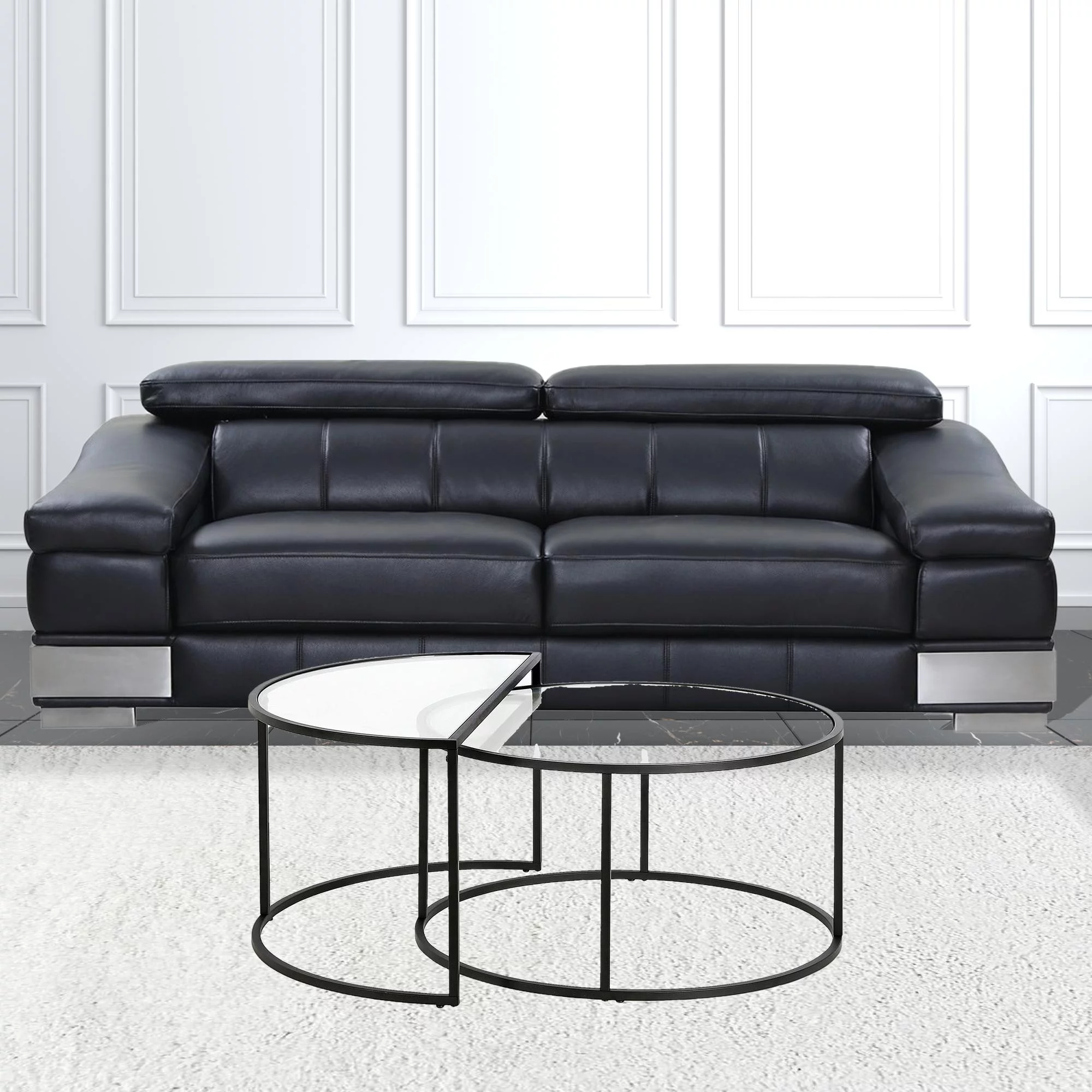 HomeRoots 521010 18 x 33 x 18 in. Black Glass Half-Circle Nested Coffee Table - Set of 2