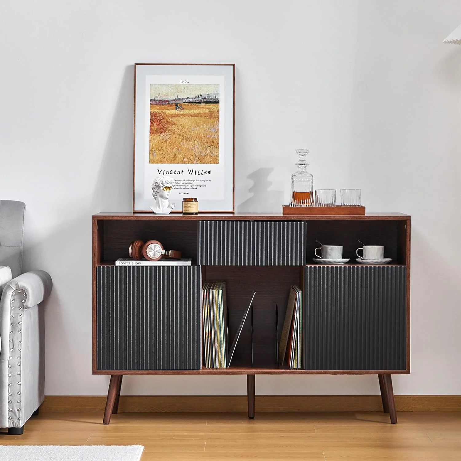 Wirrytor Large Record Player Stand with Drawer ,Turntable Stand with Record Storage,Vintage Vinyl Record Storage Cabinet,Record Player Table/TV Stand Holds Up to 350+ Albums for Living Room Bedroom