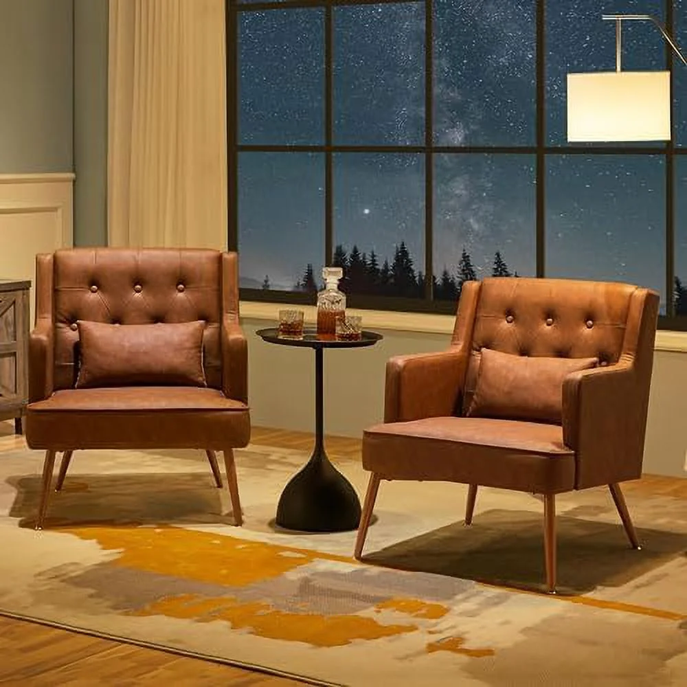 MQLIFEBOOM Accent Chair  Living Room Chair Mid Century PU Leather Armchair Lumbar Pillow  Comfy Upholstered Reading Chair Wood Leg Bedroom Brown 2PCS