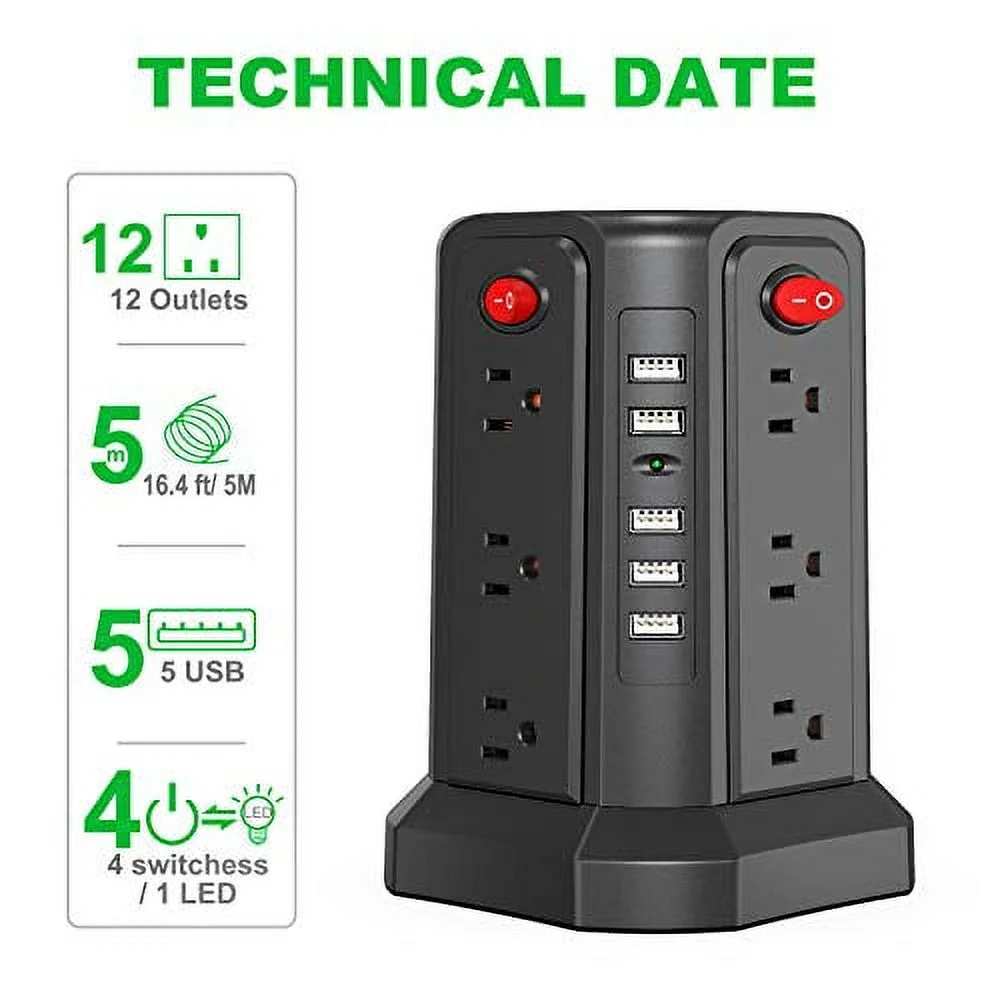 SMALLRT 12 Outlet Surge Protector Power Strip Tower with 5-USB Ports, 16.4 ft Extension Cord, Black