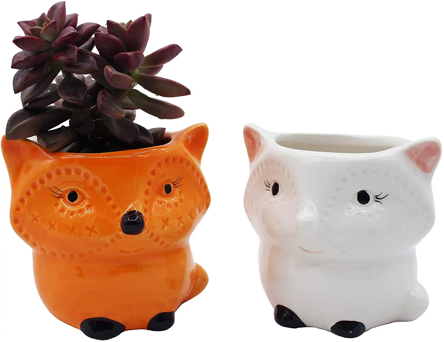Cute Fox Gifts Animal Succulent Planters 2 Pack Ceramic Flower Pots with Drainage Hole, Office Décor