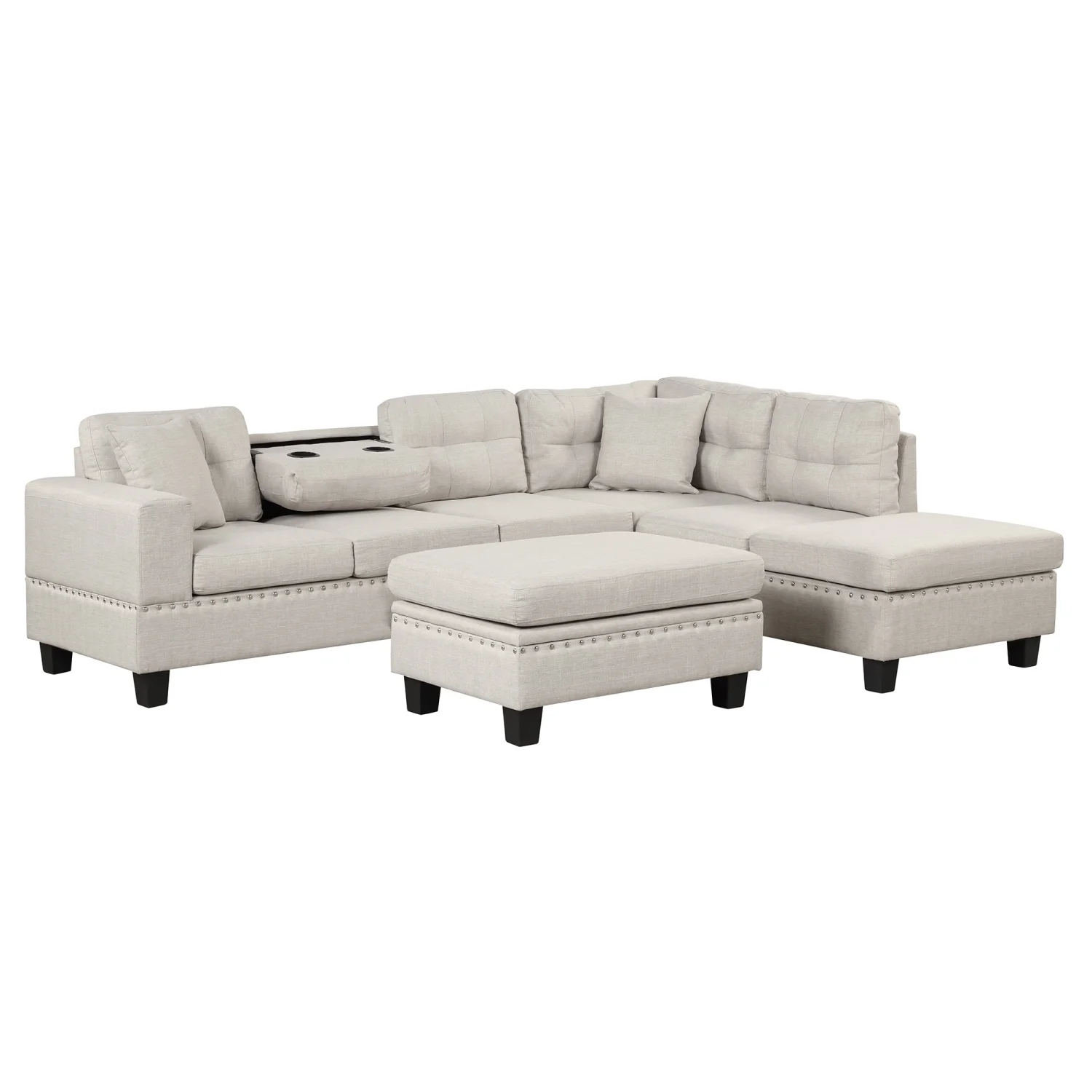 Stylish Modern Light Gray L-Shape Sectional Sofa with Storage Ottoman  Reversible Chaise  2 Pillows  and Cup Holder - 105” Length for Living Room Comfort and Convenience