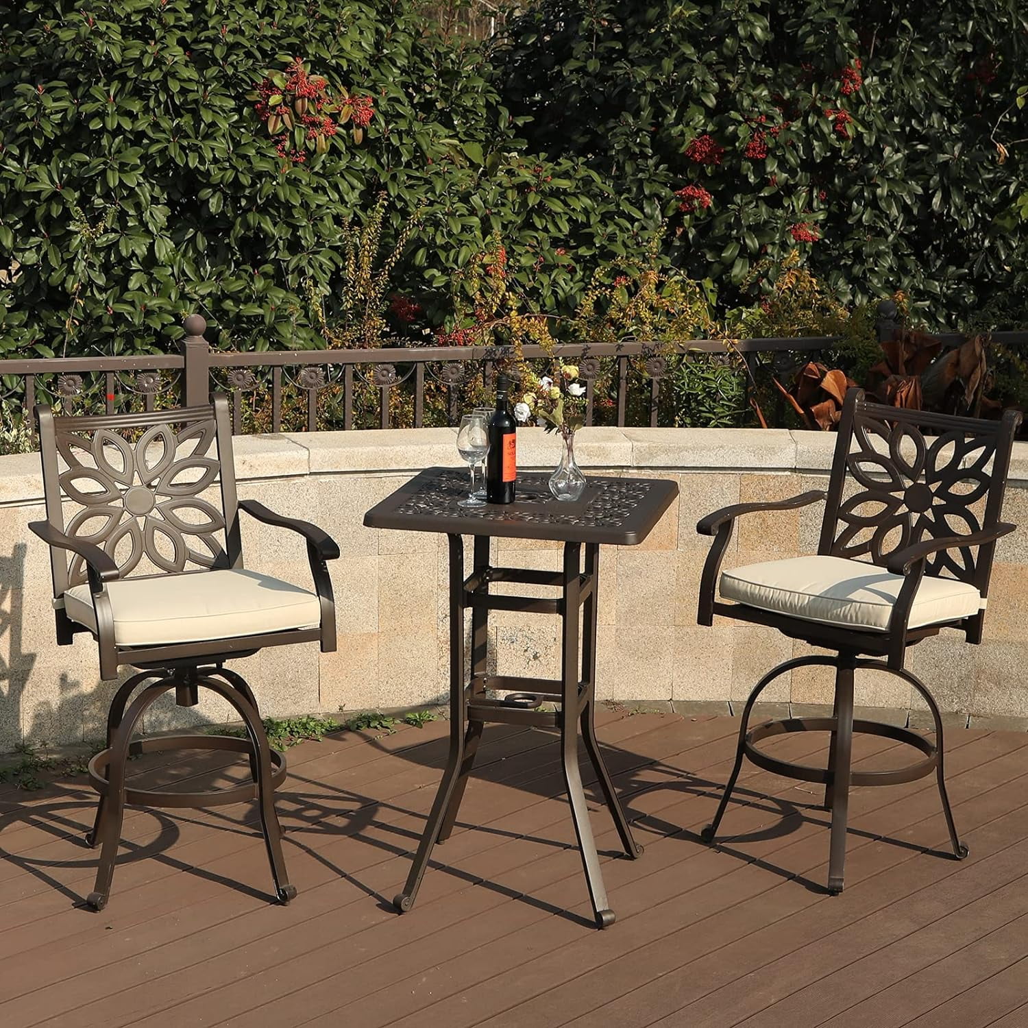 Square Cast Aluminum Bar Height Patio Table, Outdoor 42” Height Table With 1.75” Umbrella Hole For Bistro,Backyard Poolside,Brown